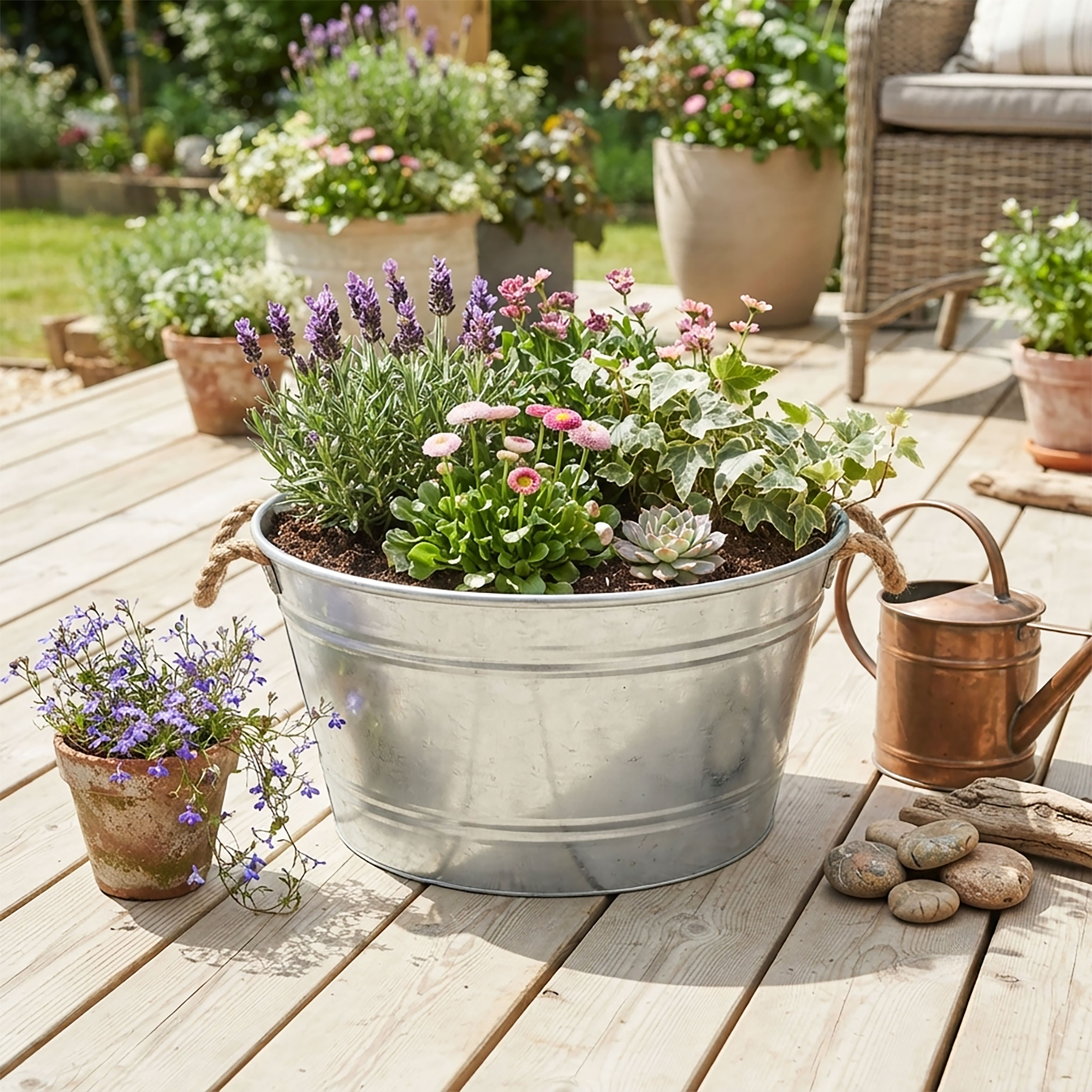 Zinkwanne 25 L mit Griffen aus Jutekordel - 45 x 22 cm - Metall Blumenschale rund silber verzinkt