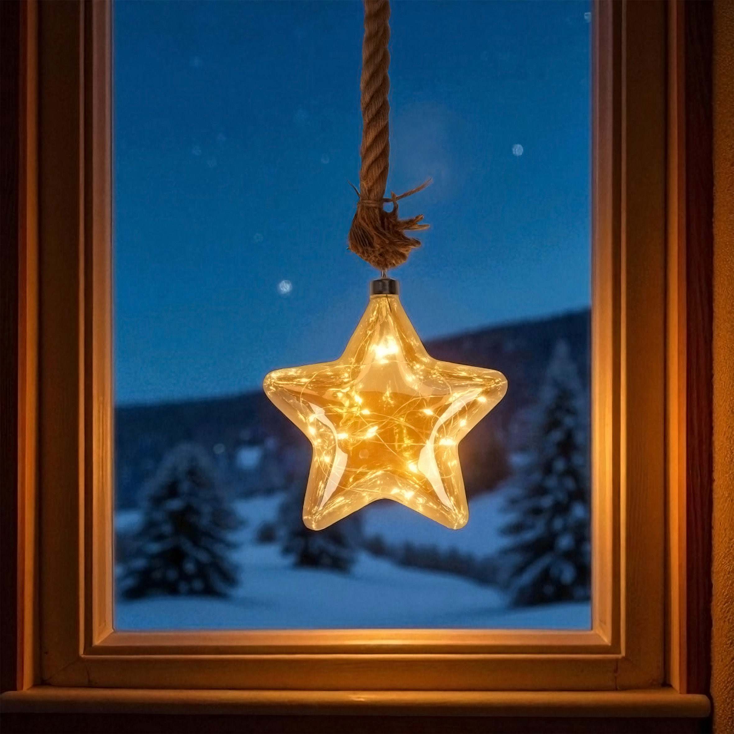 LED Glas Weihnachtsstern mit Tau zum Hängen mit Timer - Ø 20 cm - Stern Dekohänger warm weiß beleuchtet Batterie betrieben