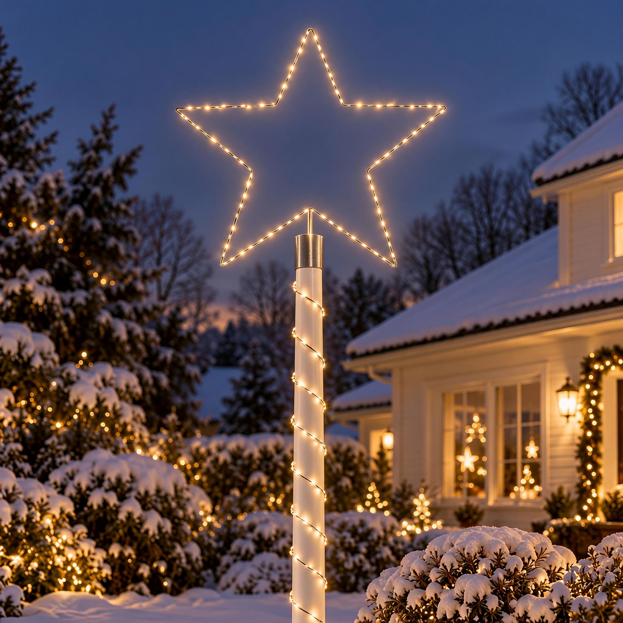LED Metall Stern Spitze 80 cm für Fahnenmast bis 6,20 m mit Netzteil für Außen - 230 LEDs - Leuchtstern Silhouette silber mit 7 m Lichterkette in warm weiß mit Timer