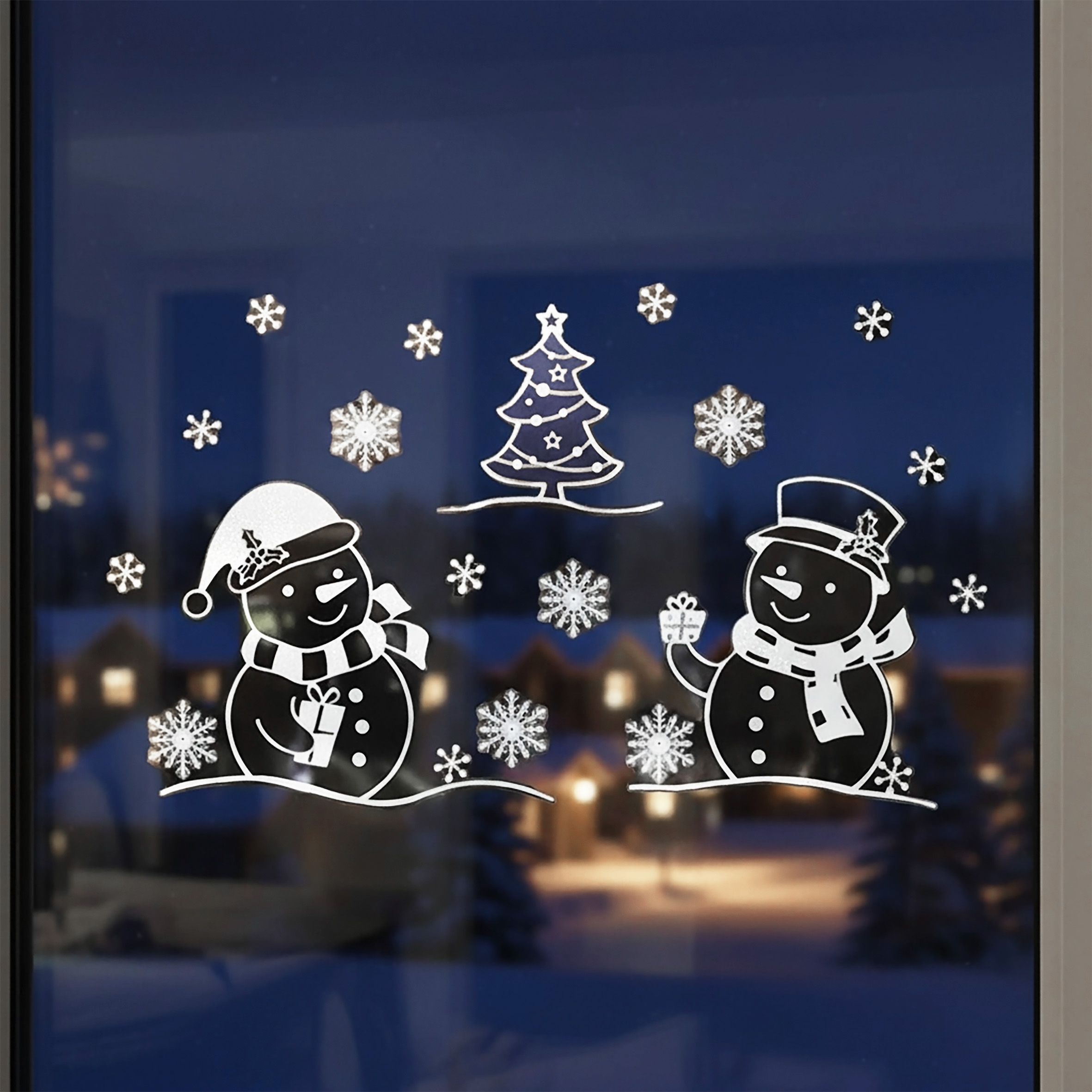 Weihnachts Fensterbilder selbstklebend 72 x 54 cm - 2er Set - Winter Fensteraufkleber Schneemann und Weihnachtsbaum