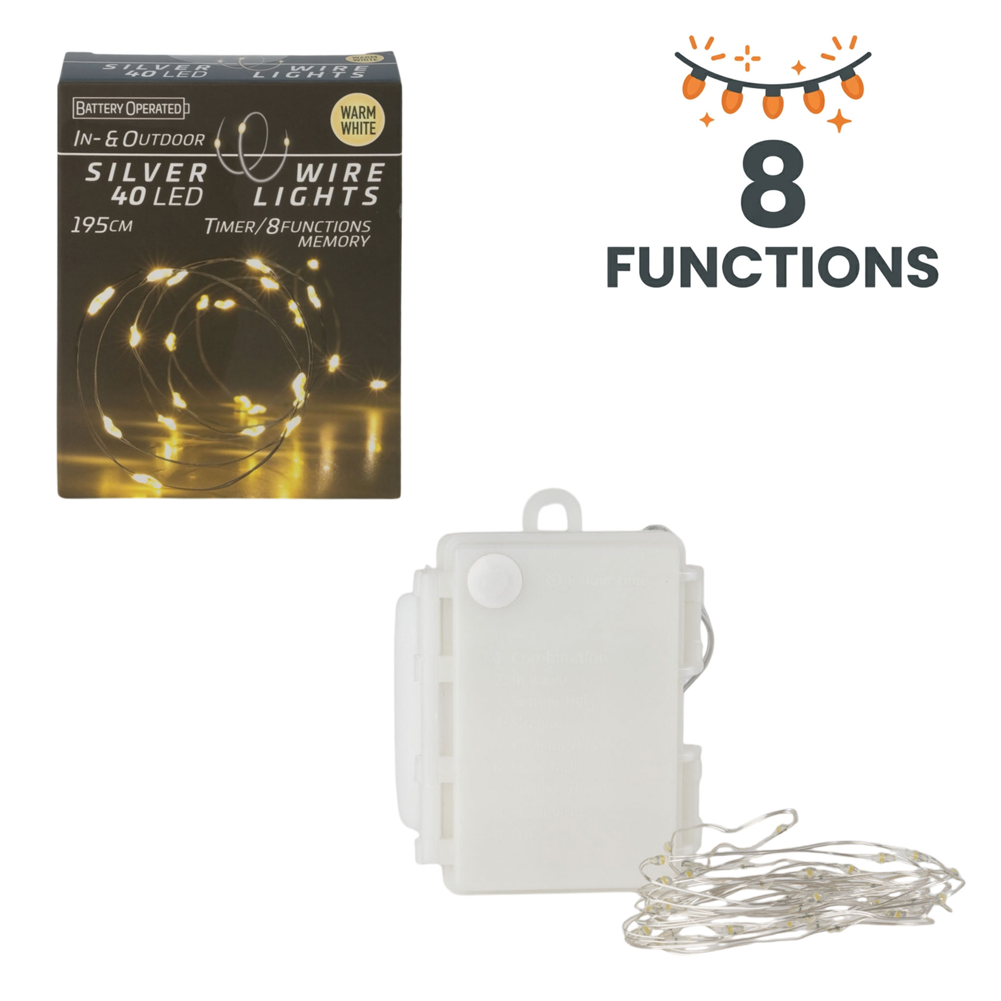Draht Lichterkette 40 LED / 195 cm - warm weiß - Deko Beleuchtung für Außen und Innen
