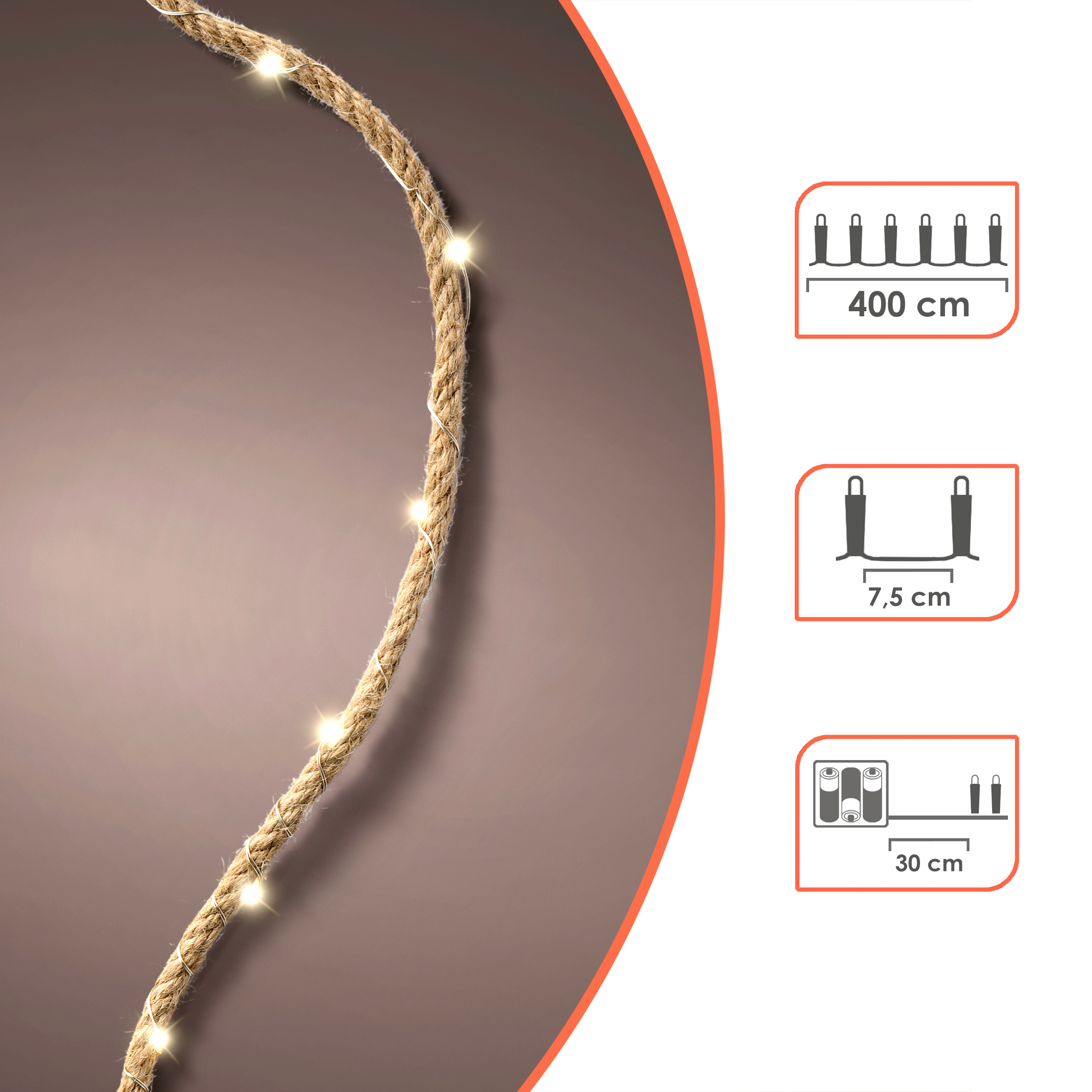 Tau mit Draht Lichterkette warm weiß mit Timer - 400 cm - Naturkordel mit 60 LED Batterie betrieben