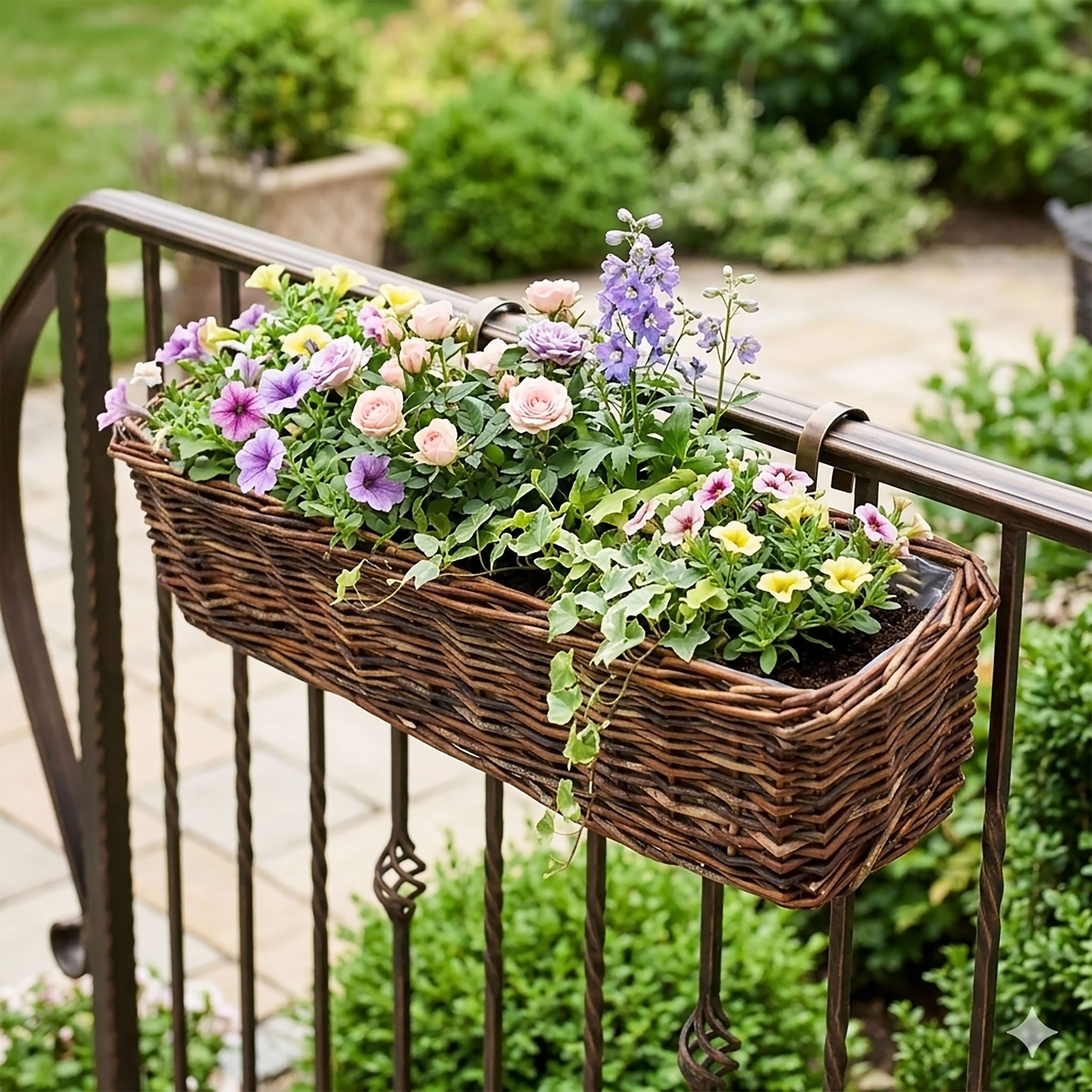 Rattan Balkonkasten eckig mit Folie natur dunkel - 60 x 19 cm - Rattan Blumenkasten mit Aufhängung für Geländer bis 3,5 cm
