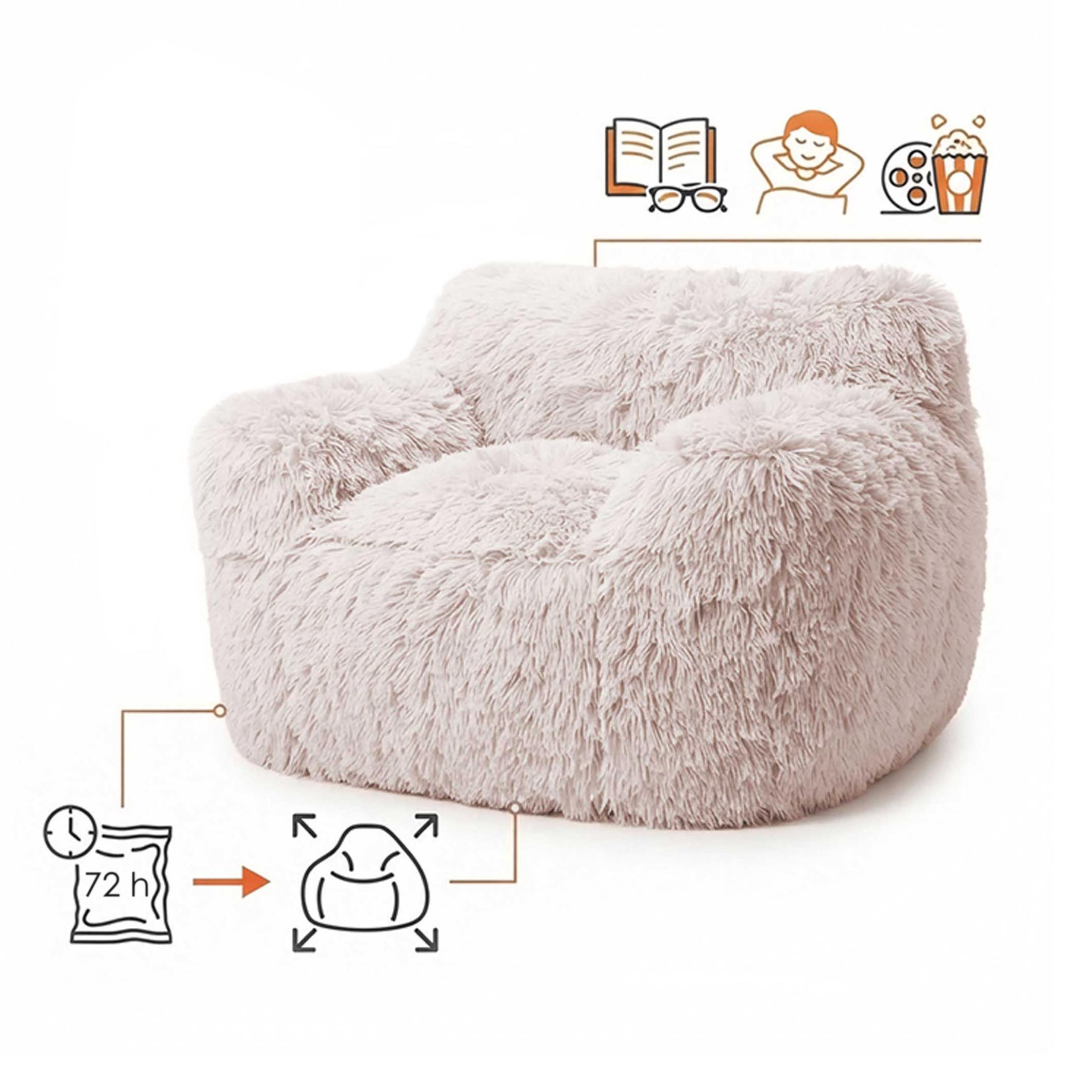 Lounge Sessel cremeweiß mit Armlehnen 104 x 96 cm - Plüsch - XL Sitzsack beige mit Schaumstoff Füllung