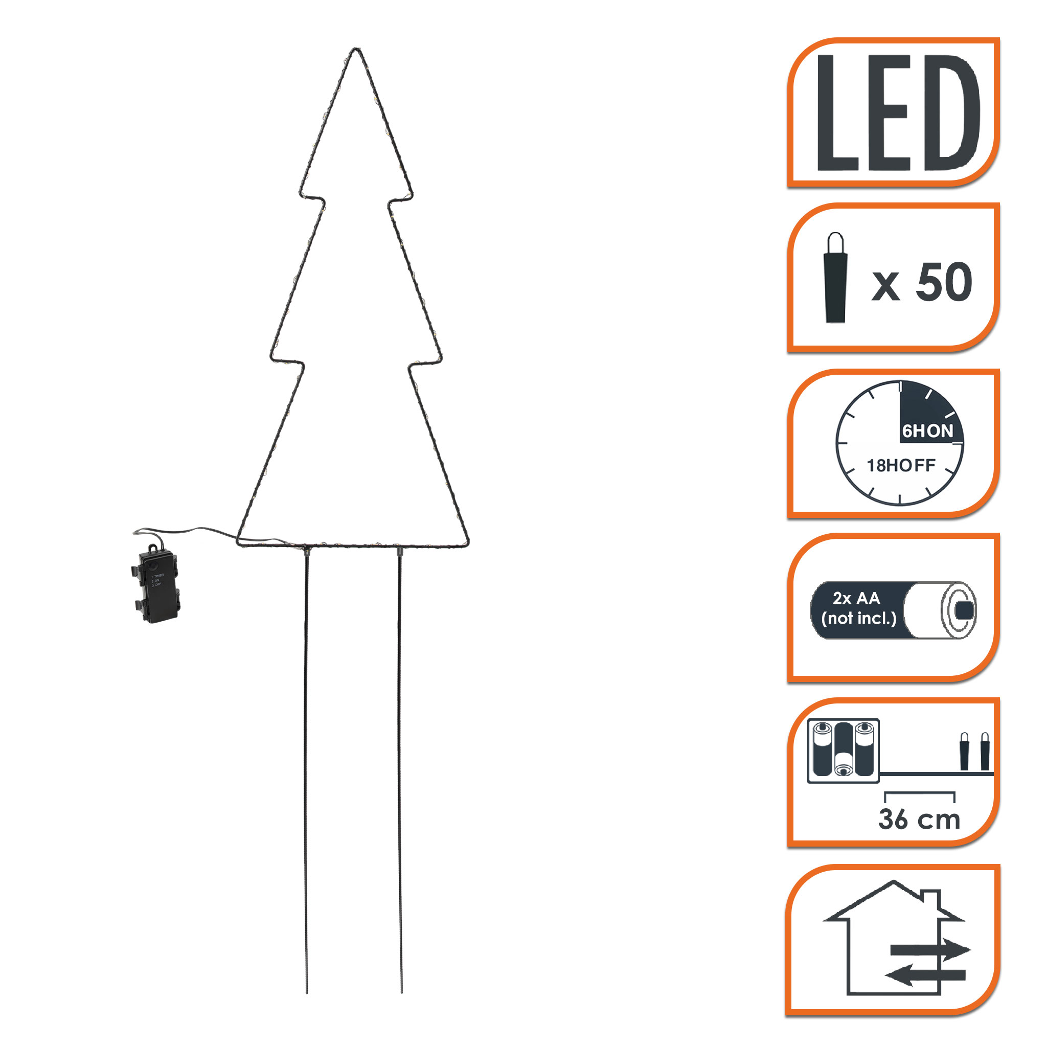 Metall Tanne Gartenstecker schwarz 50 LED mit Timer - 60 cm - Weihnachts Beetstecker warm weiß beleuchtet batteriebetrieben mit Erdspieß