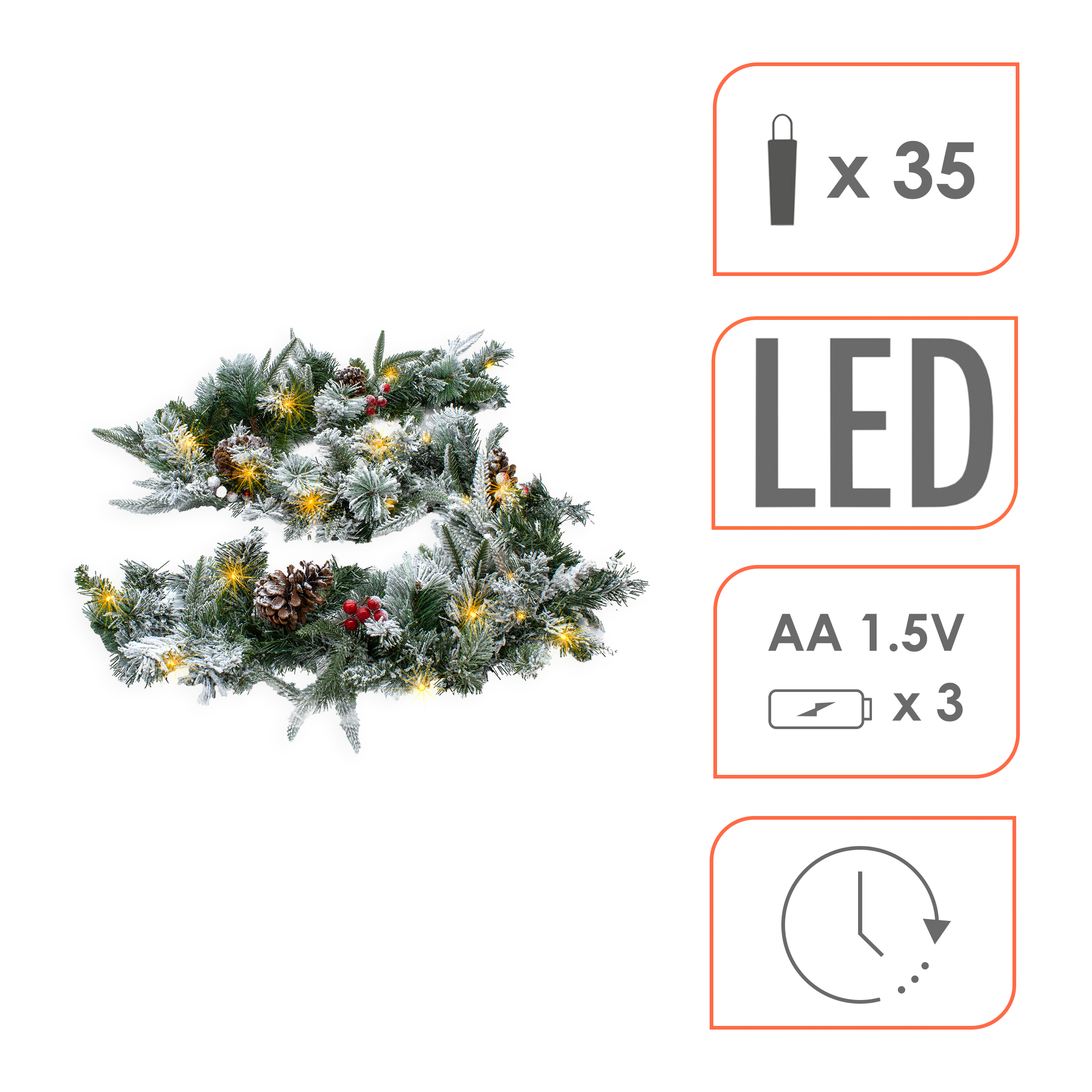 LED Tannengirlande mit Schnee und Beeren warm weiß beleuchtet - 183 cm mit 35 LED - Weihnachtsgirlande Batterie betrieben mit Timer
