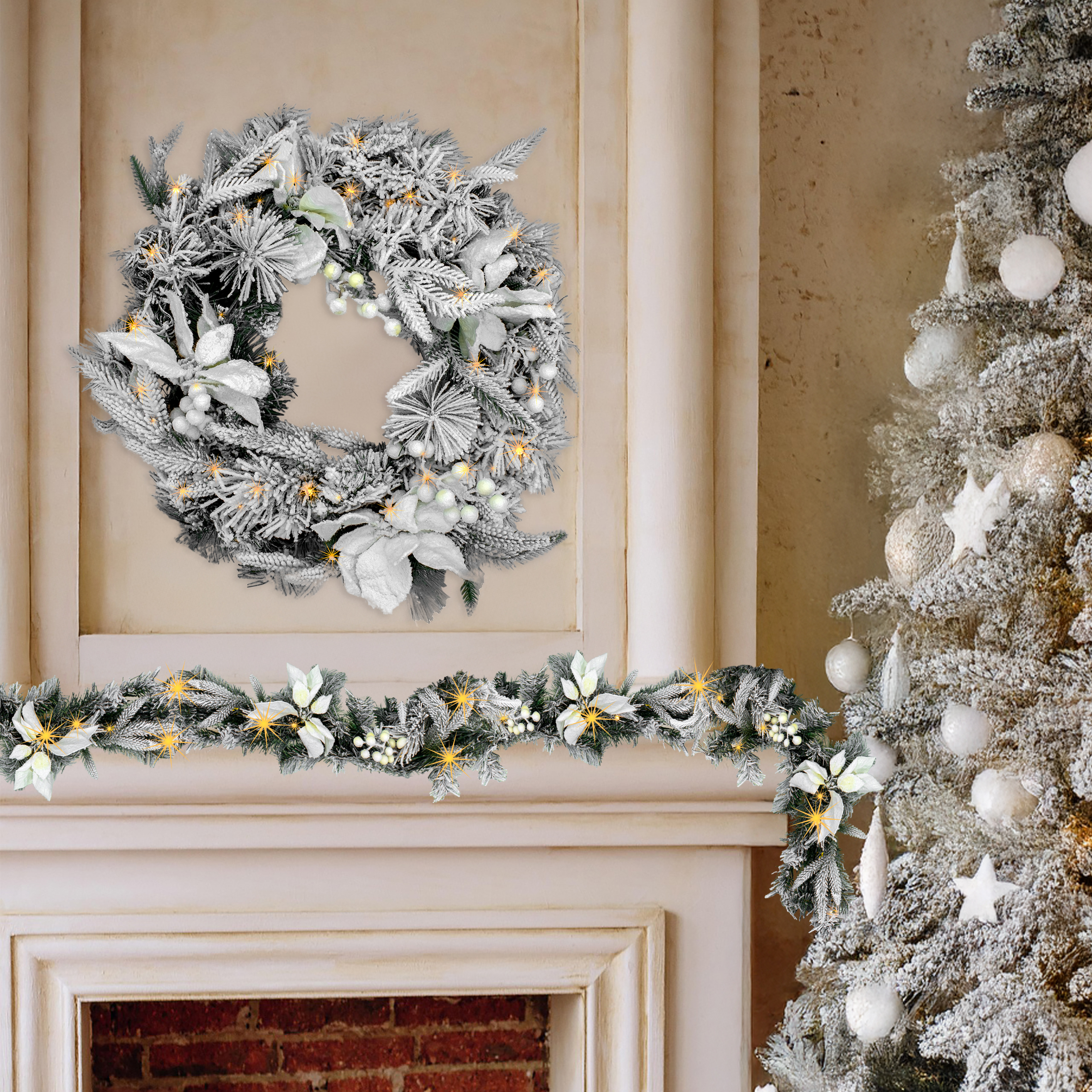 LED Tannengirlande mit Schnee und Blumen warm weiß beleuchtet - 274 cm / 50 LED - Weihnachtsgirlande Batterie betrieben mit Timer