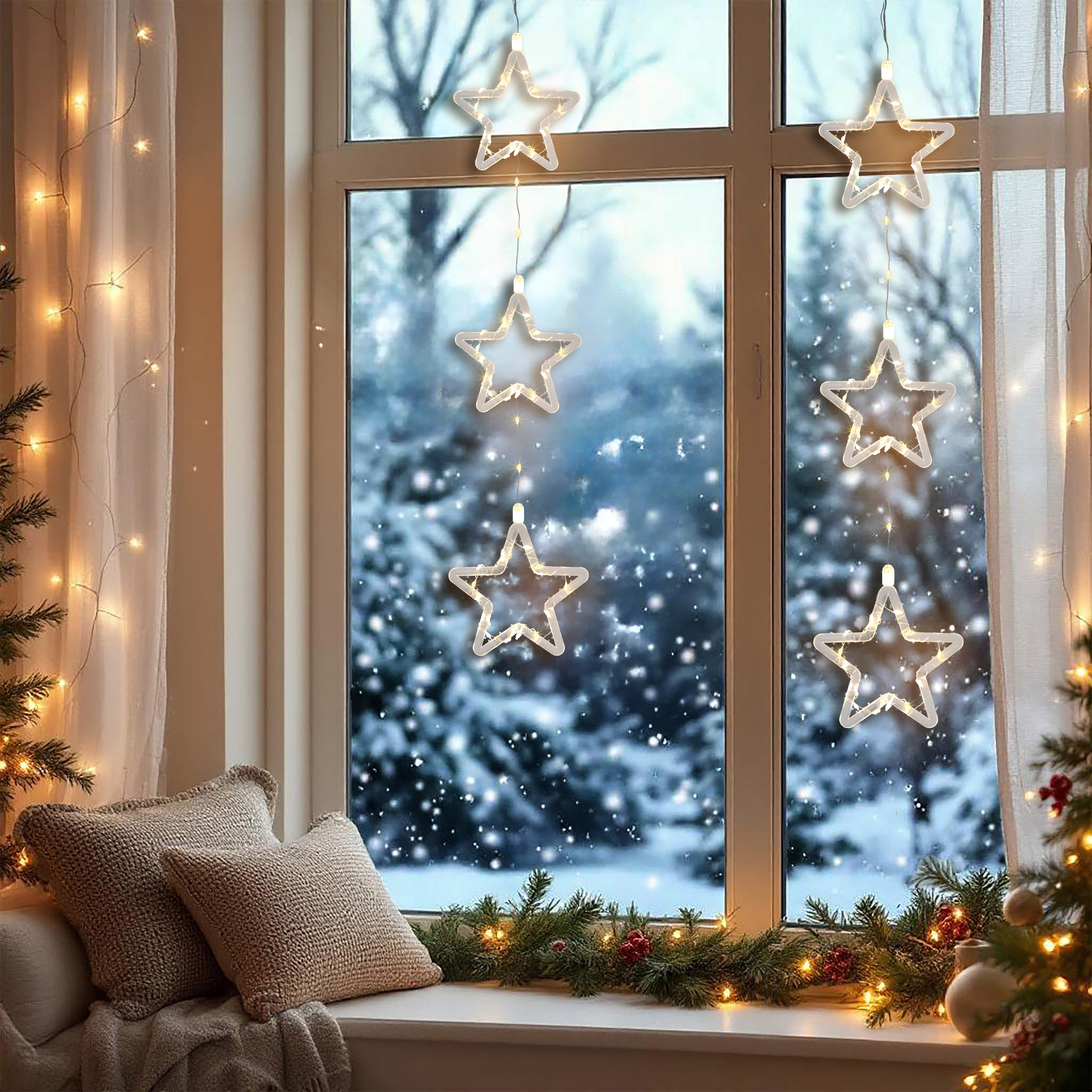 LED Weihnachtsdeko für Außen 3 Sterne mit Timer - 58 cm - Leuchstern Fensterdeko warm weiß Batterie betrieben