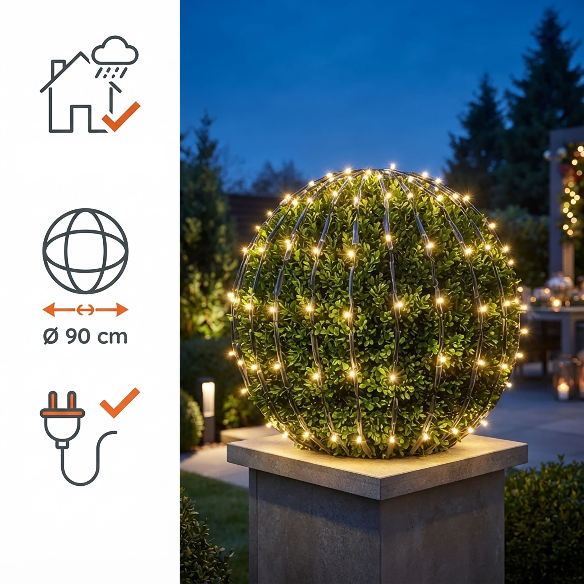 LED Buchsbaum Beleuchtung mit 100 LED warm weiß - 90 cm - Garten Deko Lichtervorhang