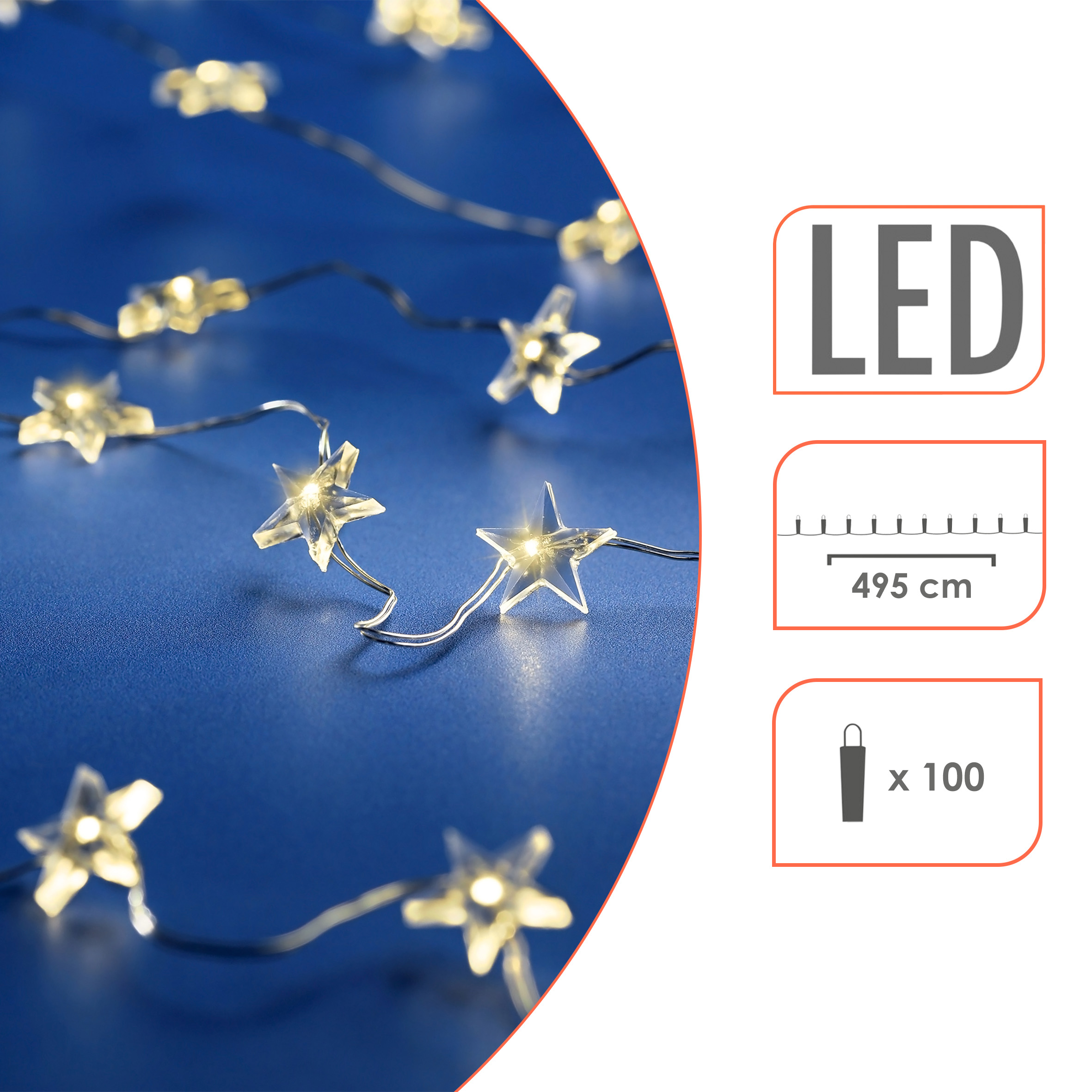 LED Draht Sternen Lichterkette warm weiß - 495 cm / 100 LED - Deko Beleuchtung mit Timer