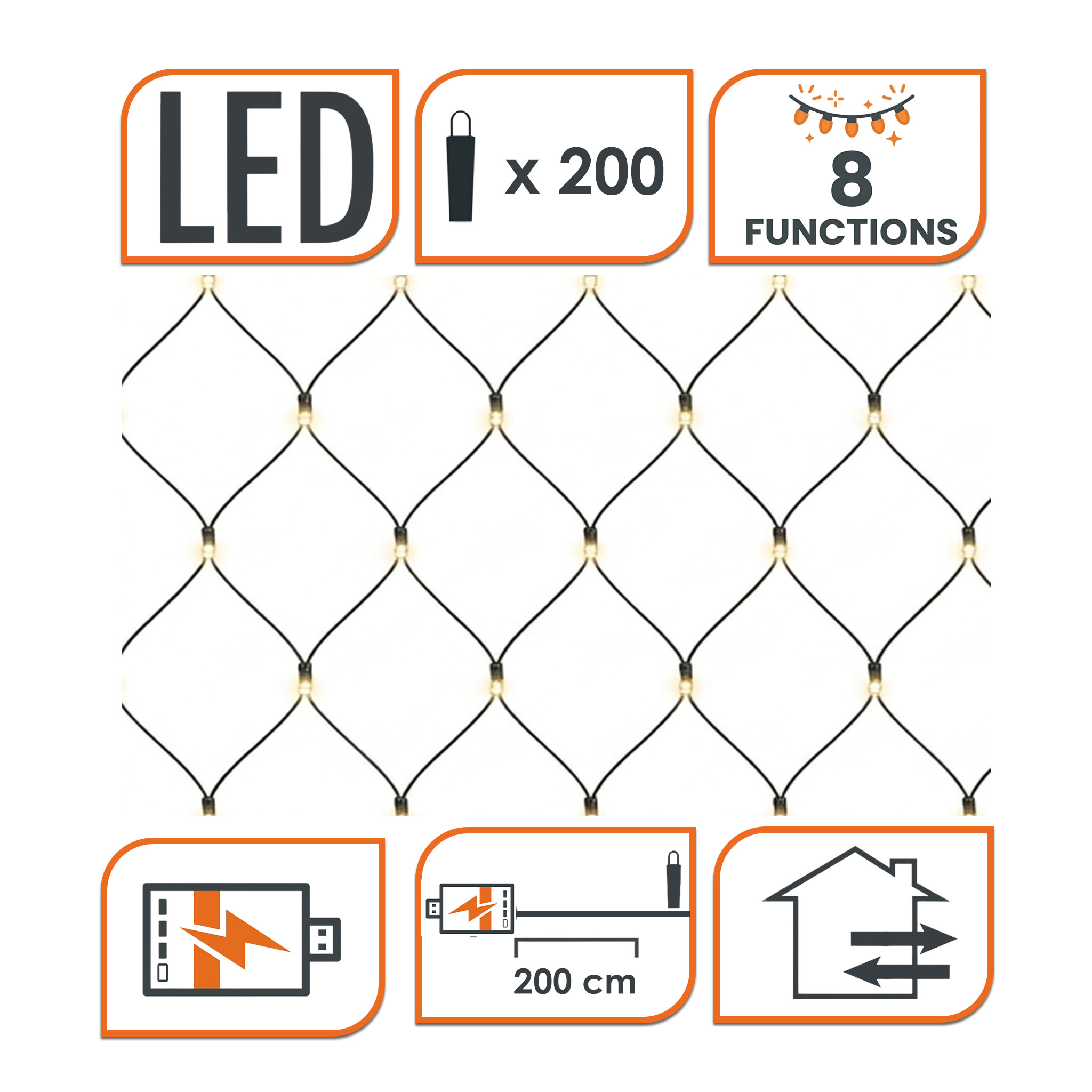 Powerbank Lichternetz 3 x 3 m mit Timer für Außen & Innen - 200 LEDs - Akku Lichtervorhang warm weiß bis 60 Stunden Leuchtdauer mit 8 Funktionen