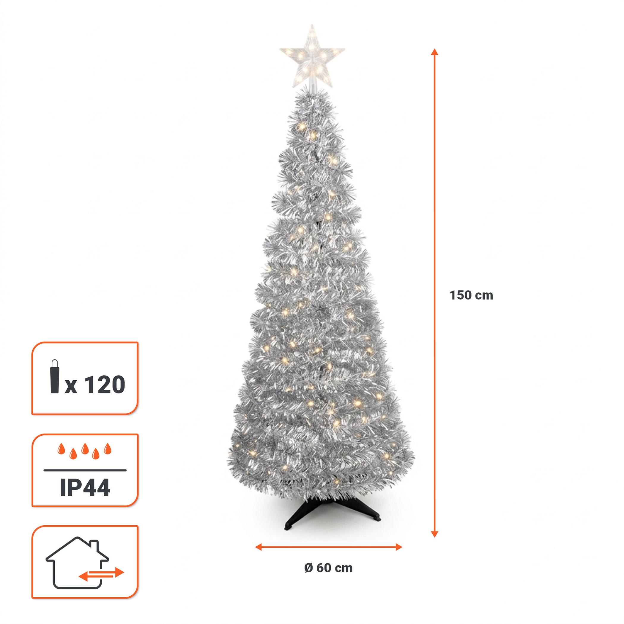 Spiral Weihnachtsbaum 150 cm mit 120 LED und Stern Spitze - grün oder silber - Künstlicher Tannenbaum warm weiß beleuchtet für Außen und Innen