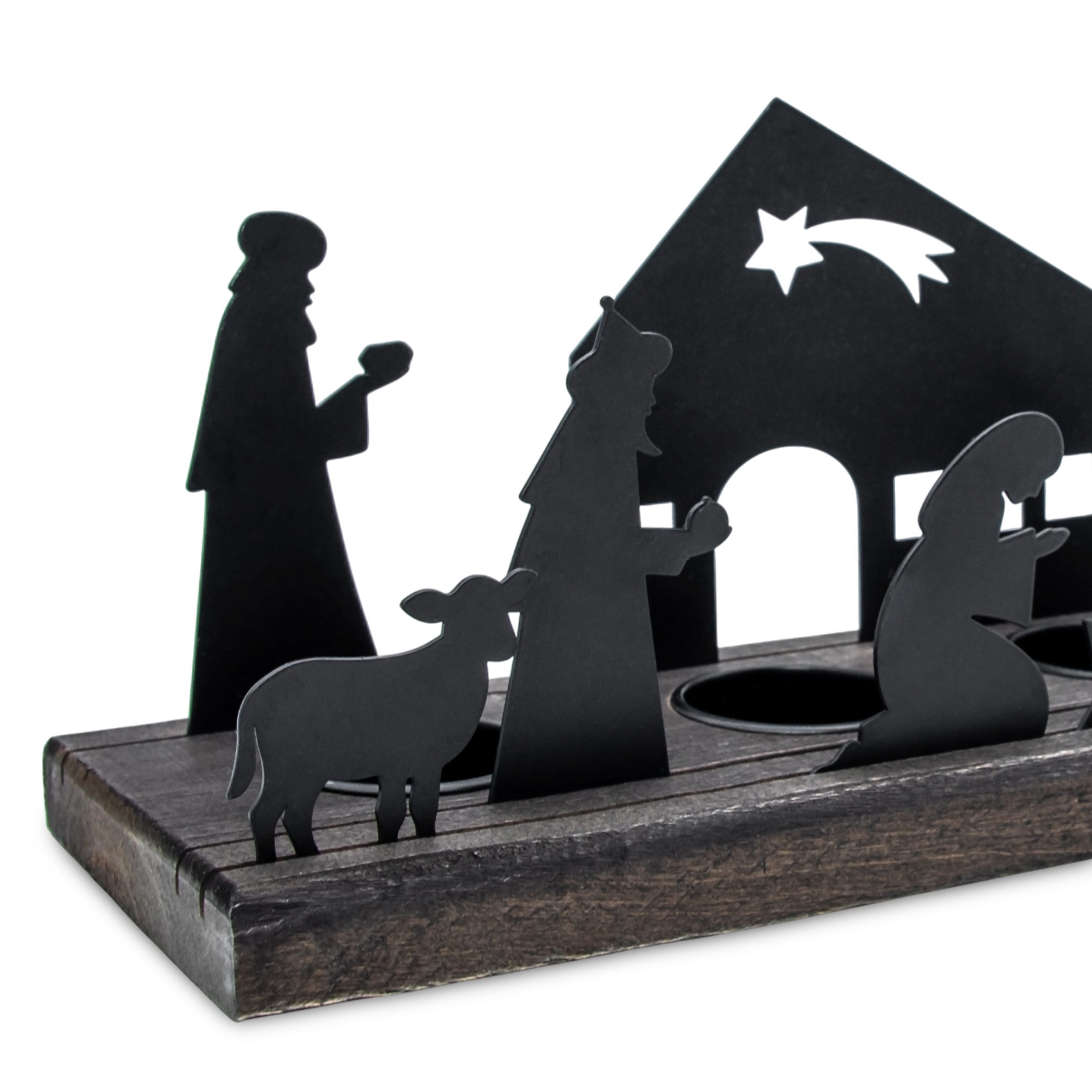 Teelichthalter Krippen Figuren schwarz - 32 x 9 cm - Weihnachtsdorf Silhouette mit Haltern für 4 Teelichter