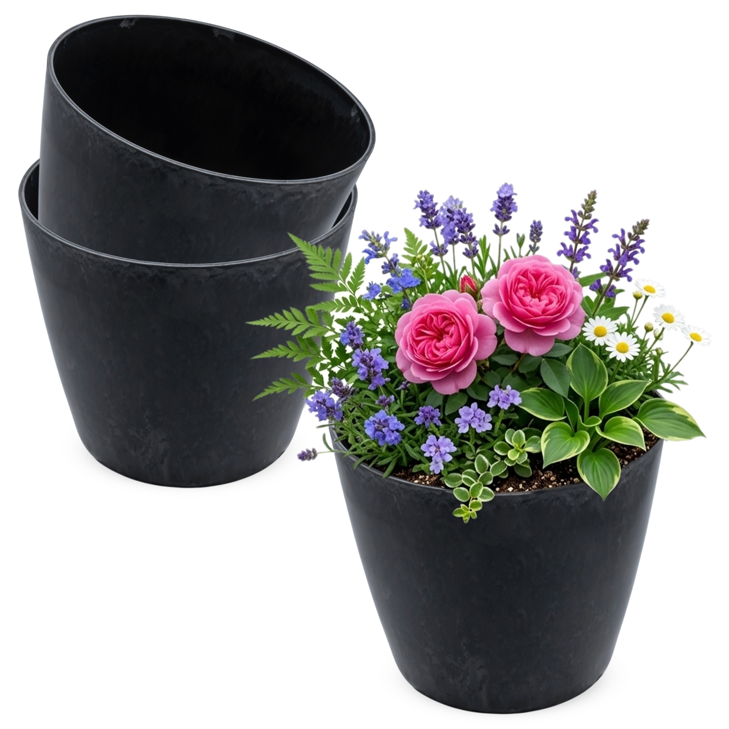 Kunststoff Pflanztopf massiv in Stein Optik - schwarz - Premium Blumentopf marmoriert für Außen und Innen