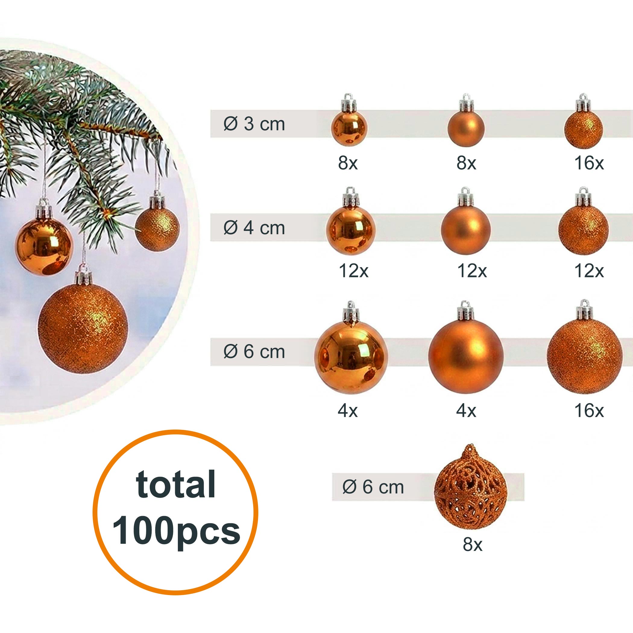 Kunststoff Christbaumkugel Set 100-teilig bruchsicher - kupfer - Design Weihnachtskugeln inklusive Metall Haken
