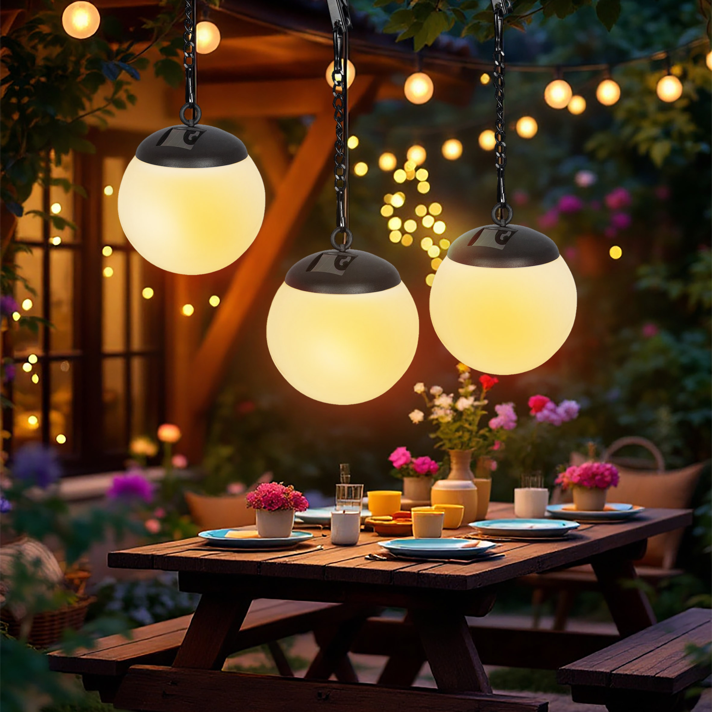 LED Solar Leuchtkugel weiß zum Hängen 29 x 10 cm - 3er Set - Garten Hängeleuchte warm weiß mit Metallkette