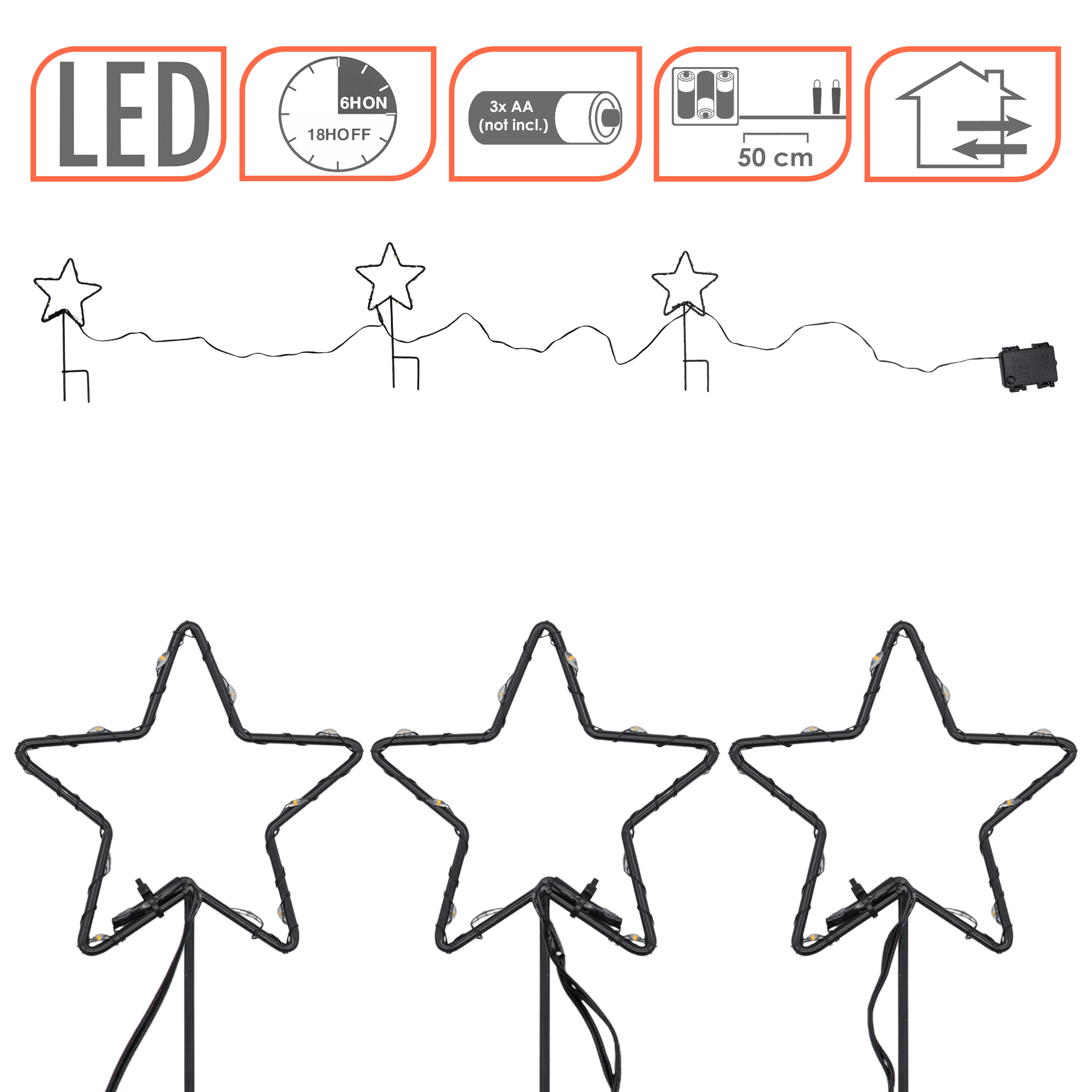 Metall Leuchtstern Gartenstecker 3er Set schwarz 30 LED mit Timer - 21 cm - Weihnachts Beetstecker soft gold beleuchtet mit Erdspieß batteriebetrieben