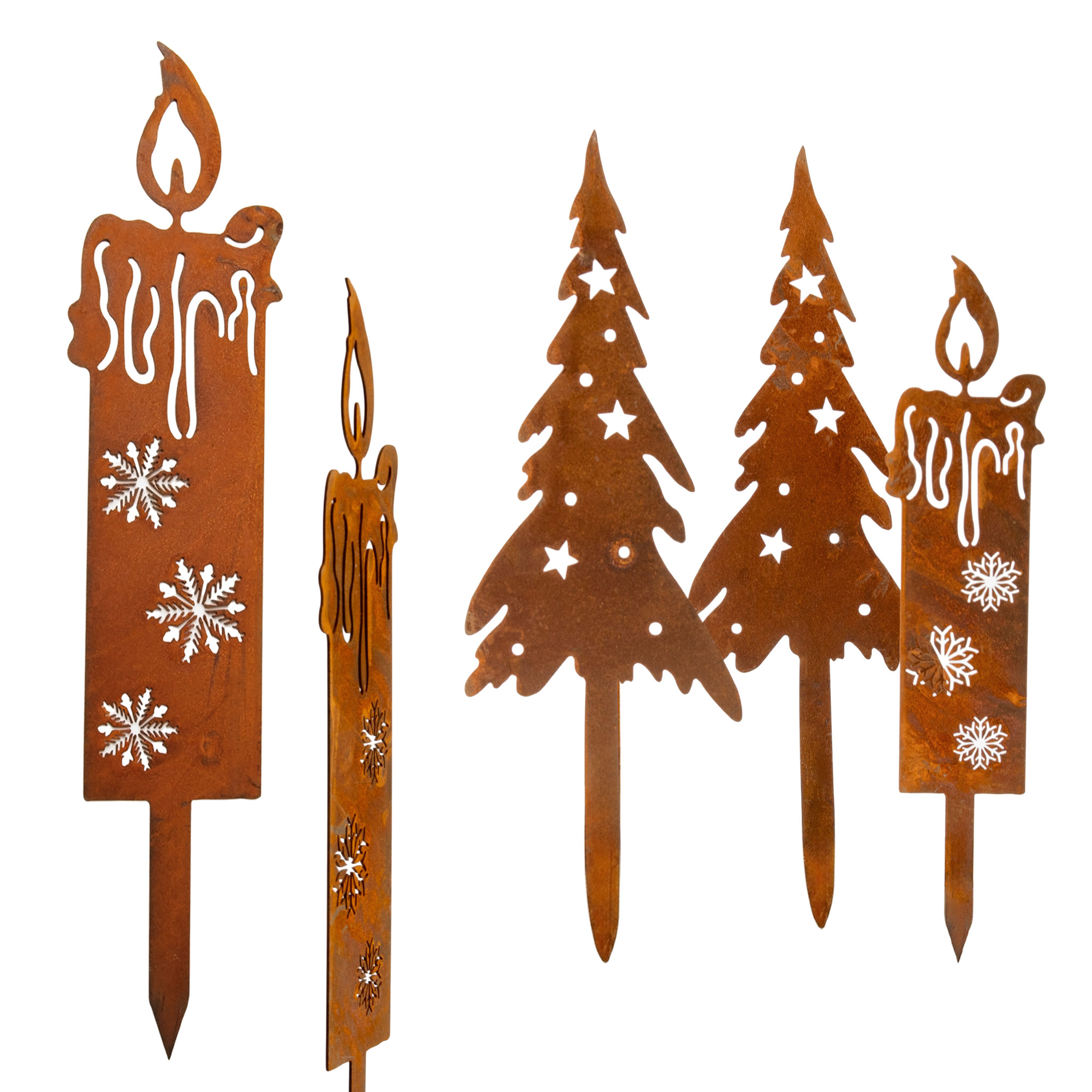 Gartenstecker Tannenbaum und Kerze mit Edelrost 8er Set - 4x 28 cm | 4x 24 cm - Weihnachts Pflanzenstecker aus Metall mit Rost Patina