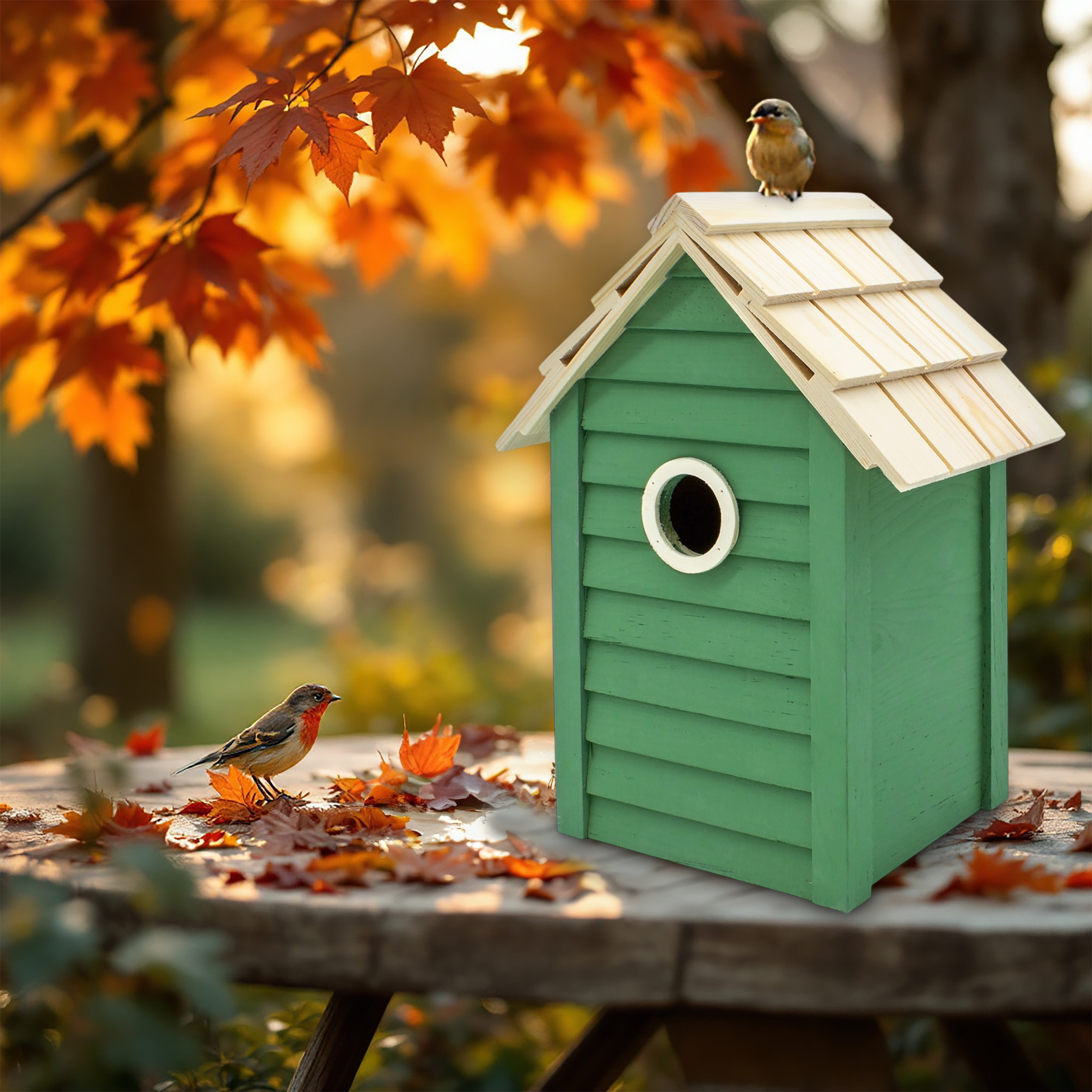 Holz Vogelhäuschen grün zum Hinstellen - 25 x 18 cm - Vogel Nistkasten für kleine Singvögel