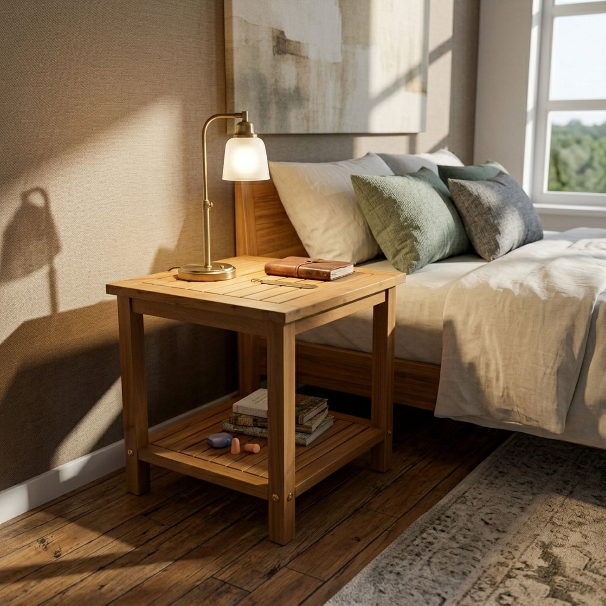Akazien Beistelltisch geölt - 45 x 45 cm - Holz Gartentisch mit 2 Ablagen - Couchtisch Bistrotisch Holztisch aus Akazienholz für Balkon Terrasse Garten