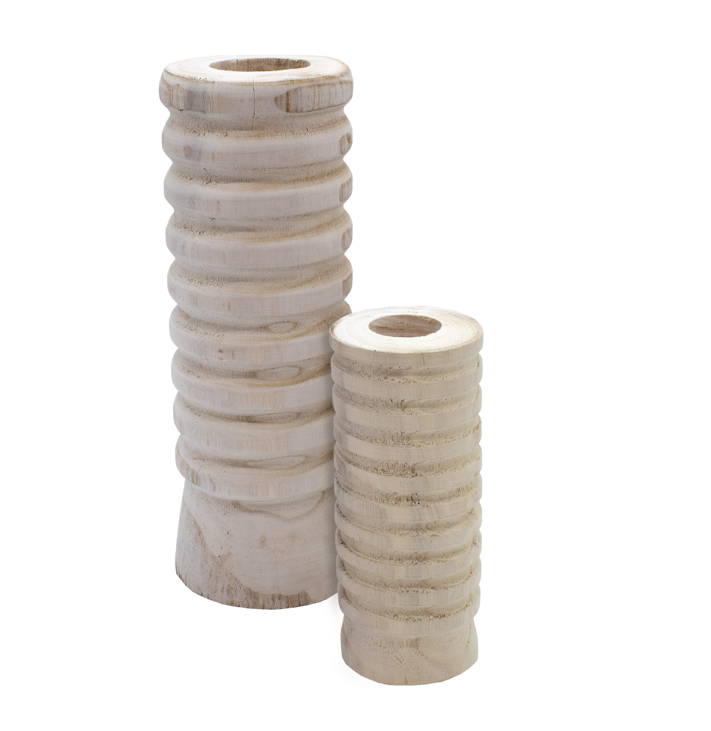 Holz Blumenvase 2er Set gerade Form geriffelt - je 1x 31 cm und 21 cm - Flasche Holzvase naturbelassen