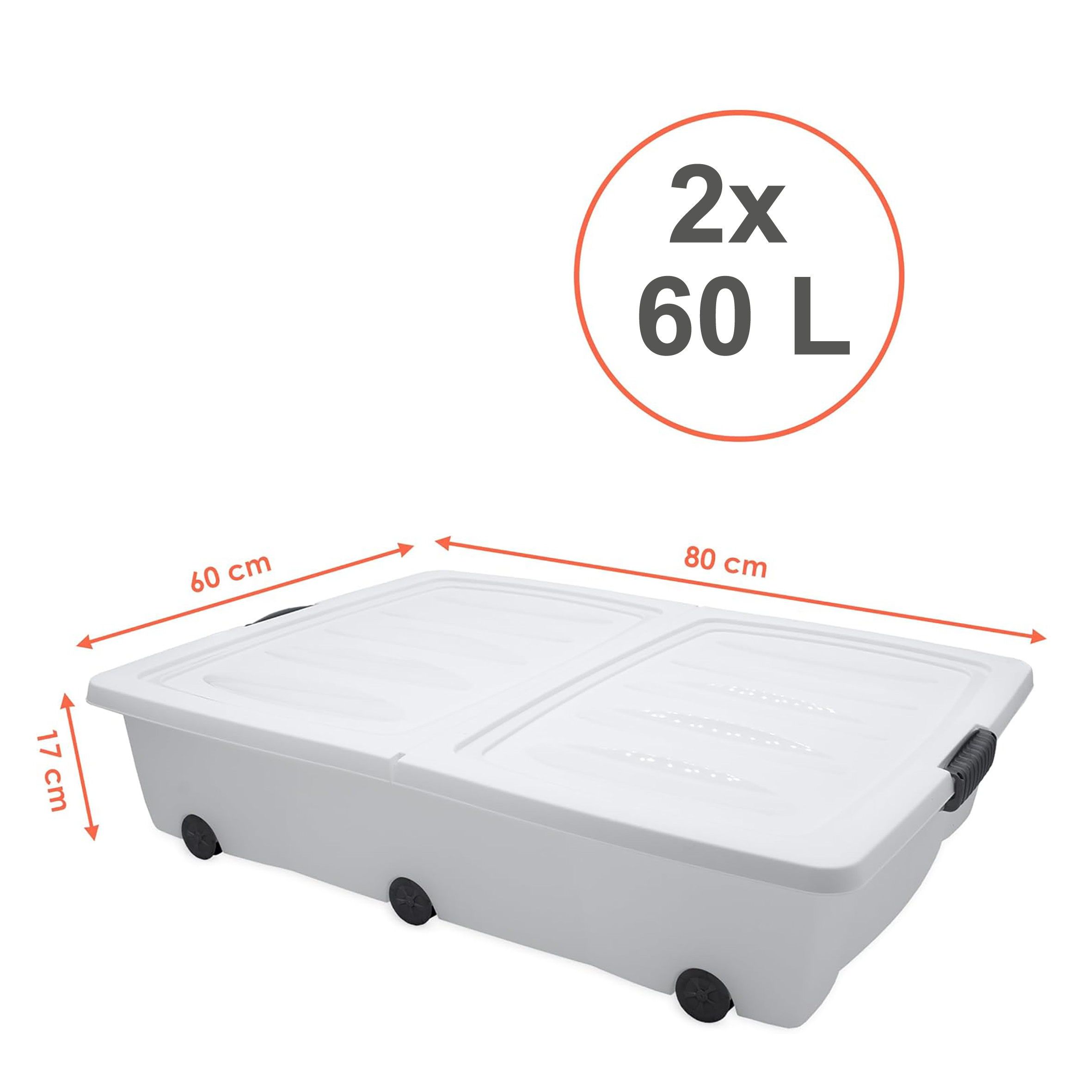 XXL Unterbettkommode mit Klappverschluss 2er Set - 60 Liter - Aufbewahrungs-Rollbox mit zweigeteiltem Deckel in weiß