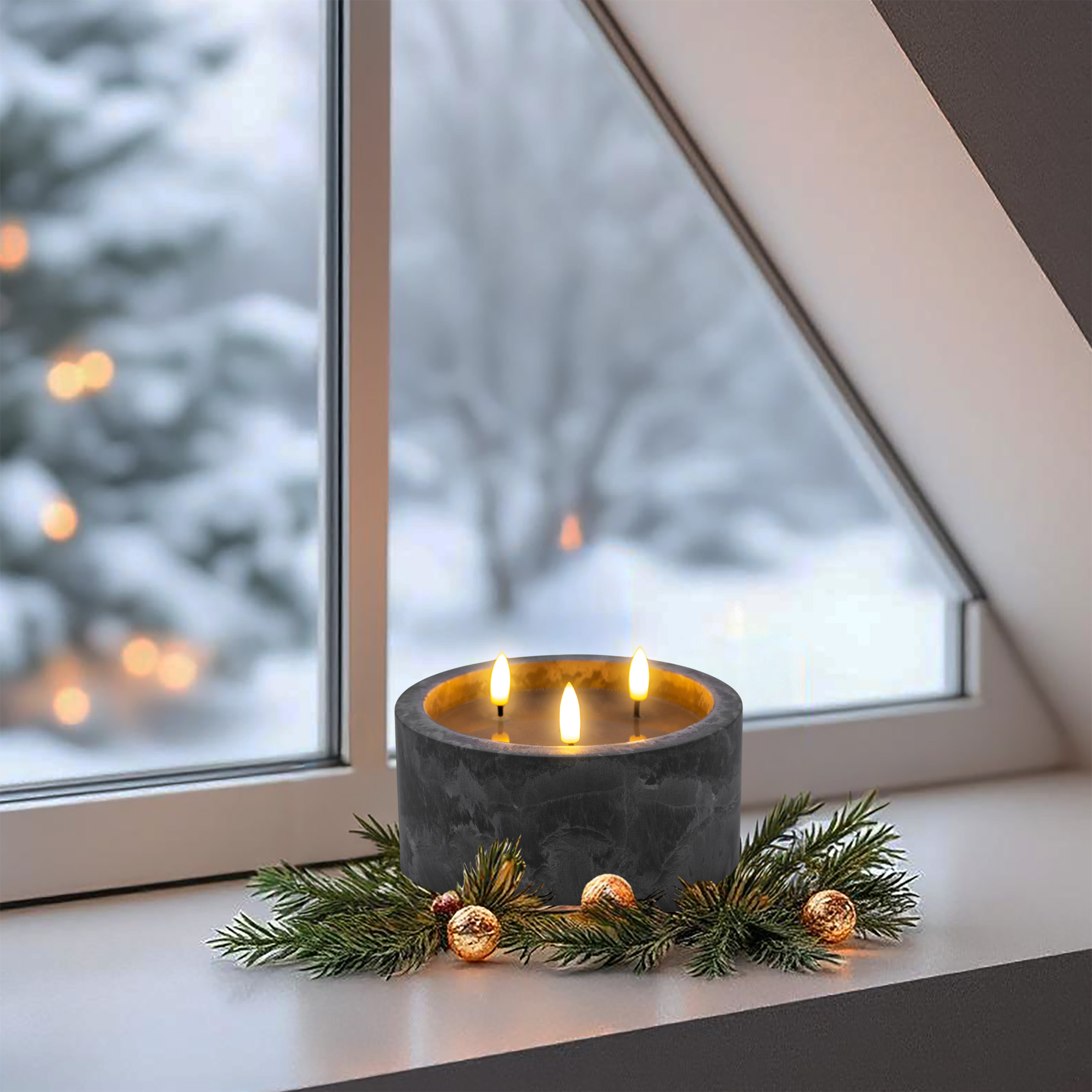 LED 3-Docht Kerze in Beton Optik mit Timer batteriebetrieben - 15 x 8 cm - Künstliche Kerze im Keramik Gefäß mit 3 Flammen in warm weiß