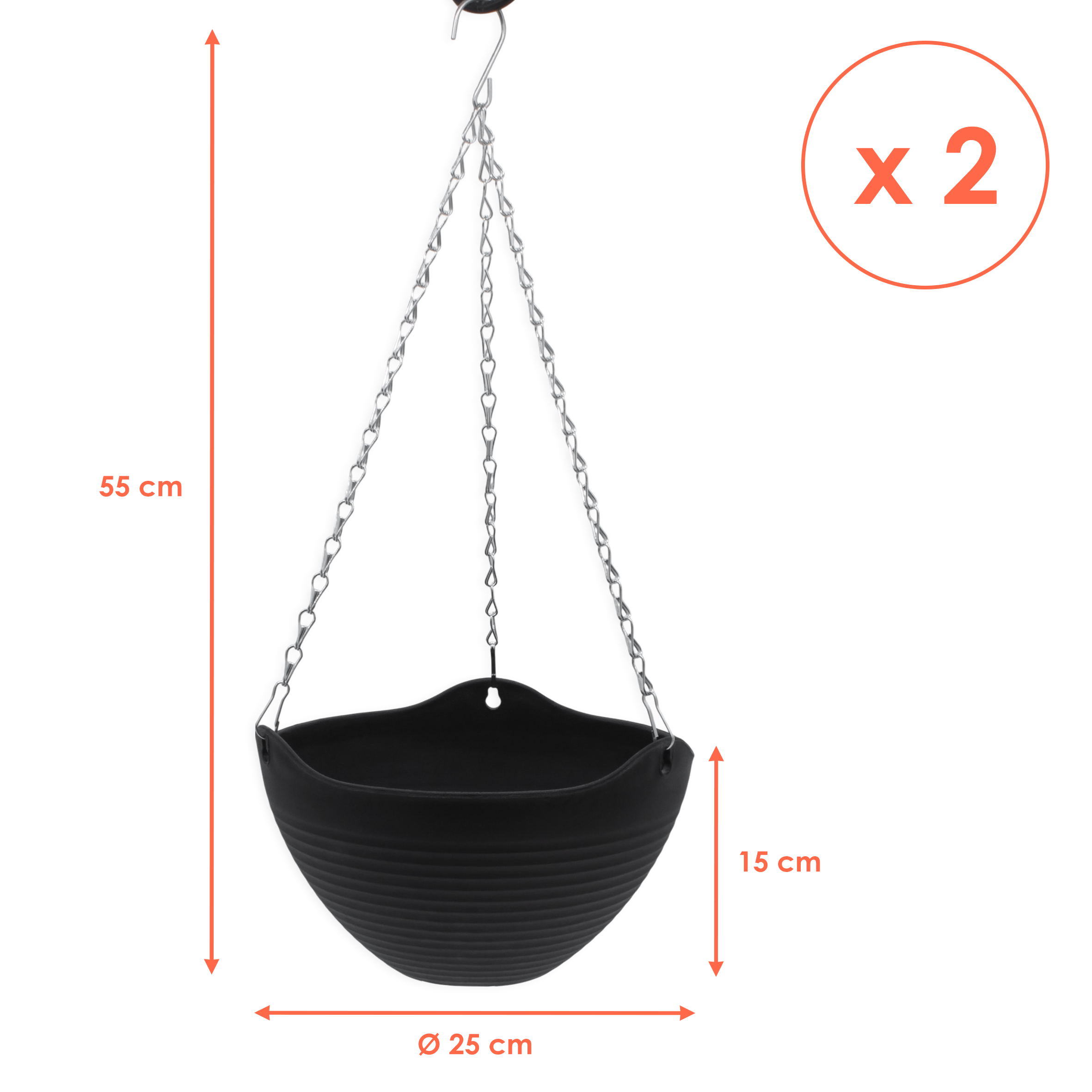 Blumenampel anthrazit mit Rillen Struktur 25 cm - 2er Set - Kunststoff Hängeampel mit Ablauf und Metallkette