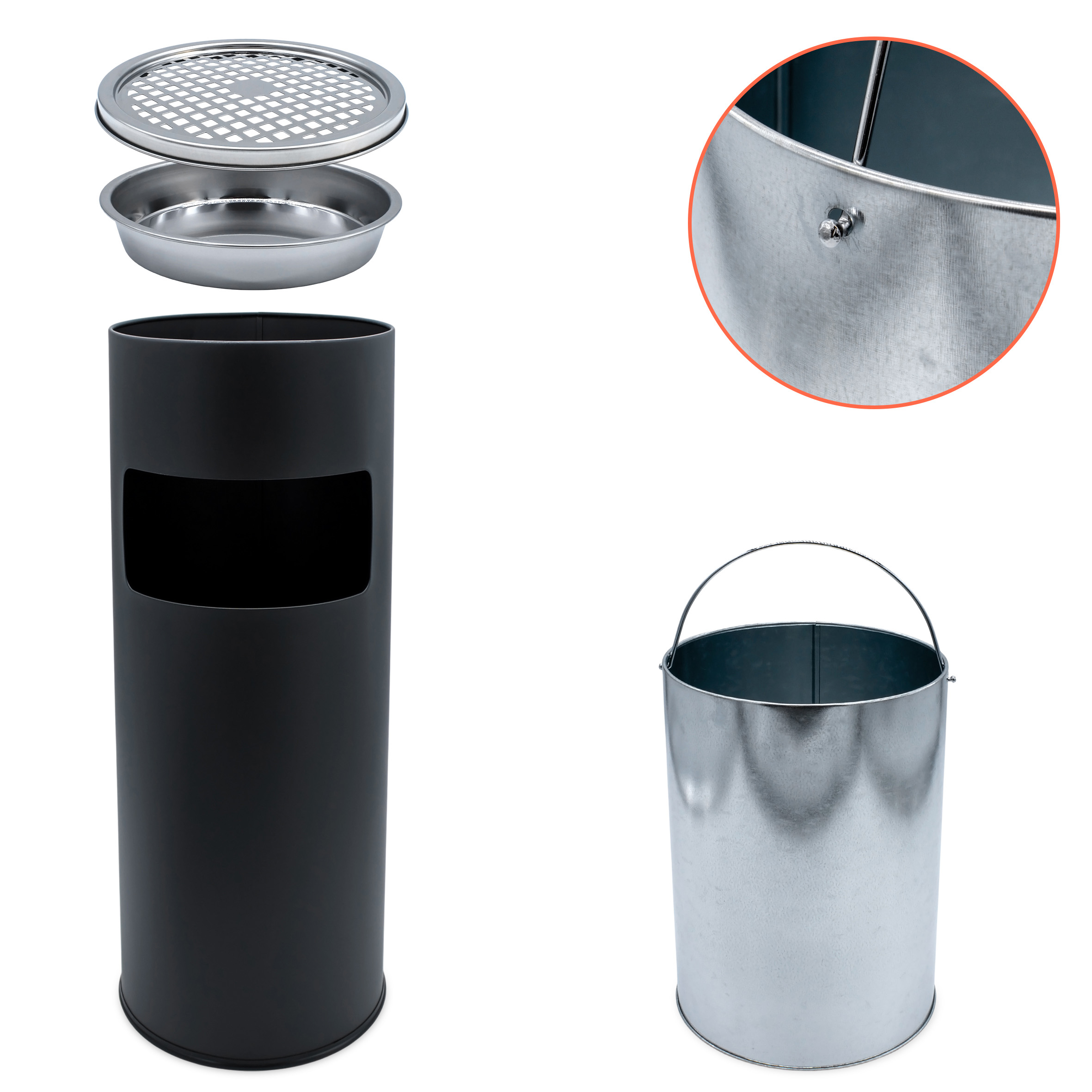 Edelstahl Standaschenbecher schwarz für Außen - 60 x 25 cm - Metall Aschenbecher freistehend mit Mülleimer