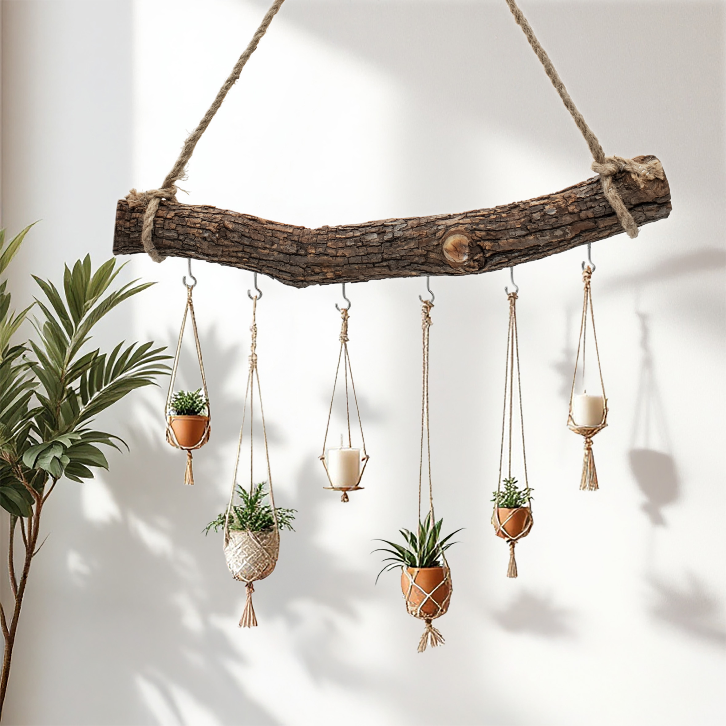 Holzast massiv zum Hängen mit 6 Haken zum Dekorieren - 56 cm - Massivholz Stange Wanddeko Hänger mit Naturkordel