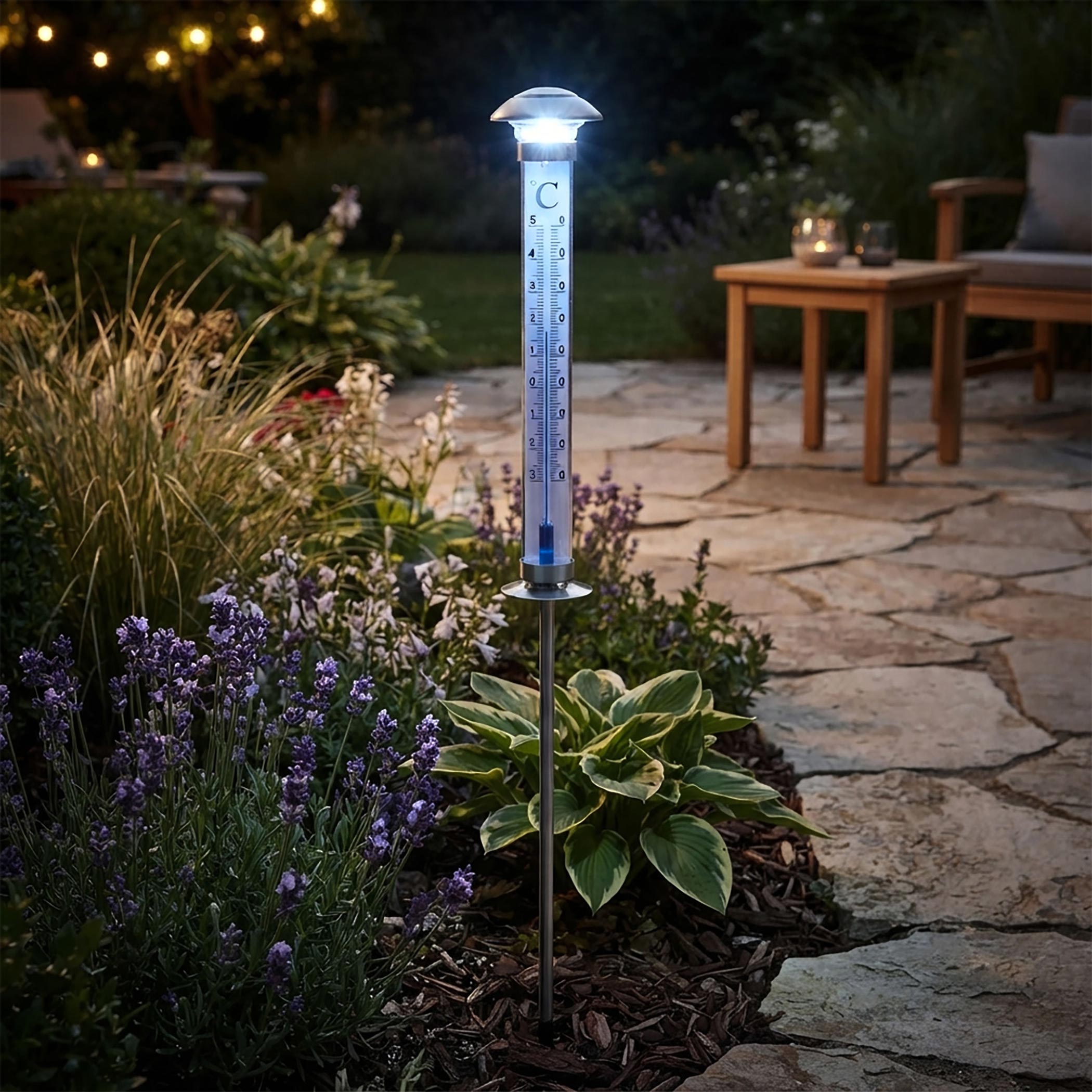 XXL Solar Außenthermometer - 112 cm - beleuchtetes Gartenthermometer mit Erdspieß