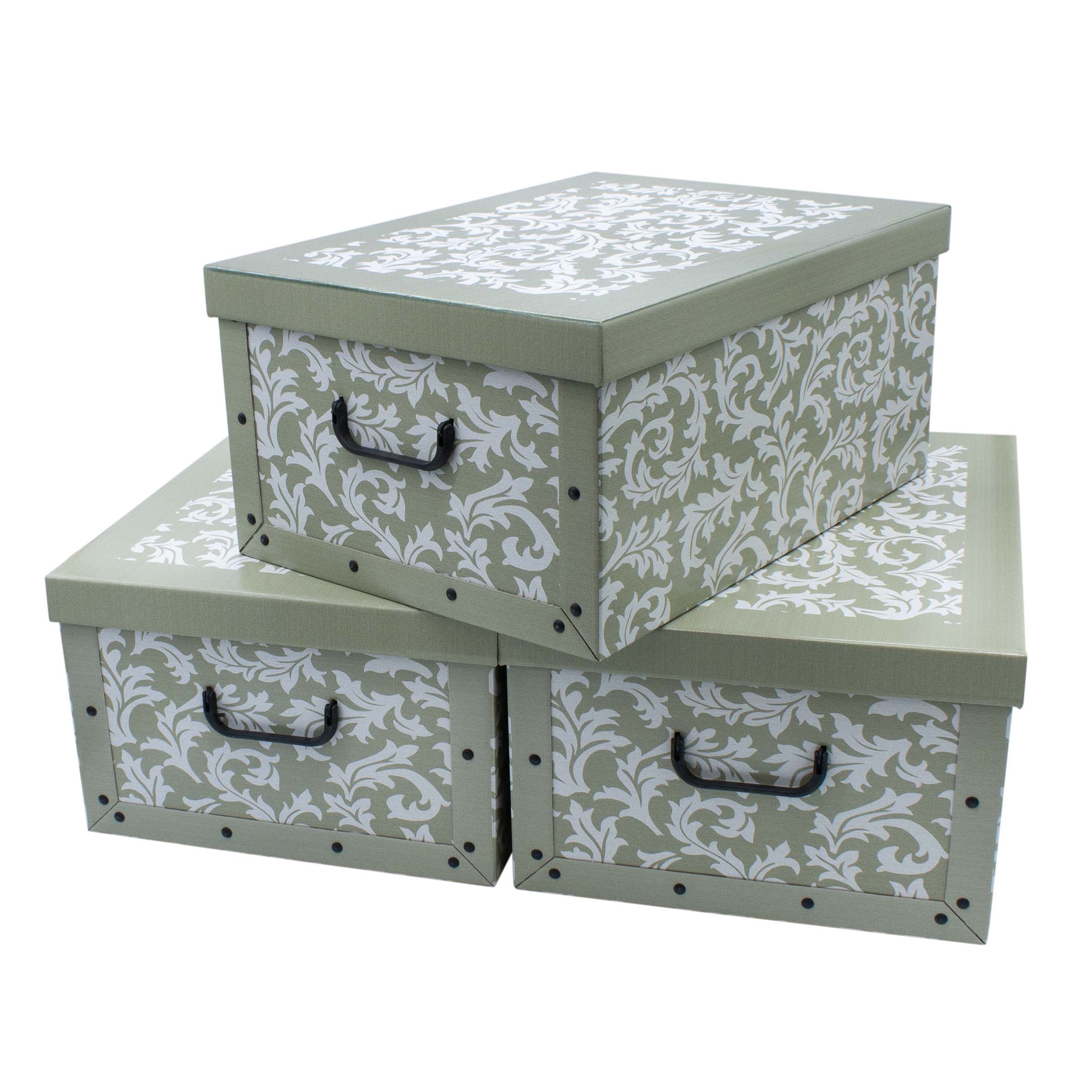 3er Set Aufbewahrungsbox mit Deckel 51 x 37 cm - Barock in oliv - Stapelbox aus Pappe mit Griffen 45 Liter