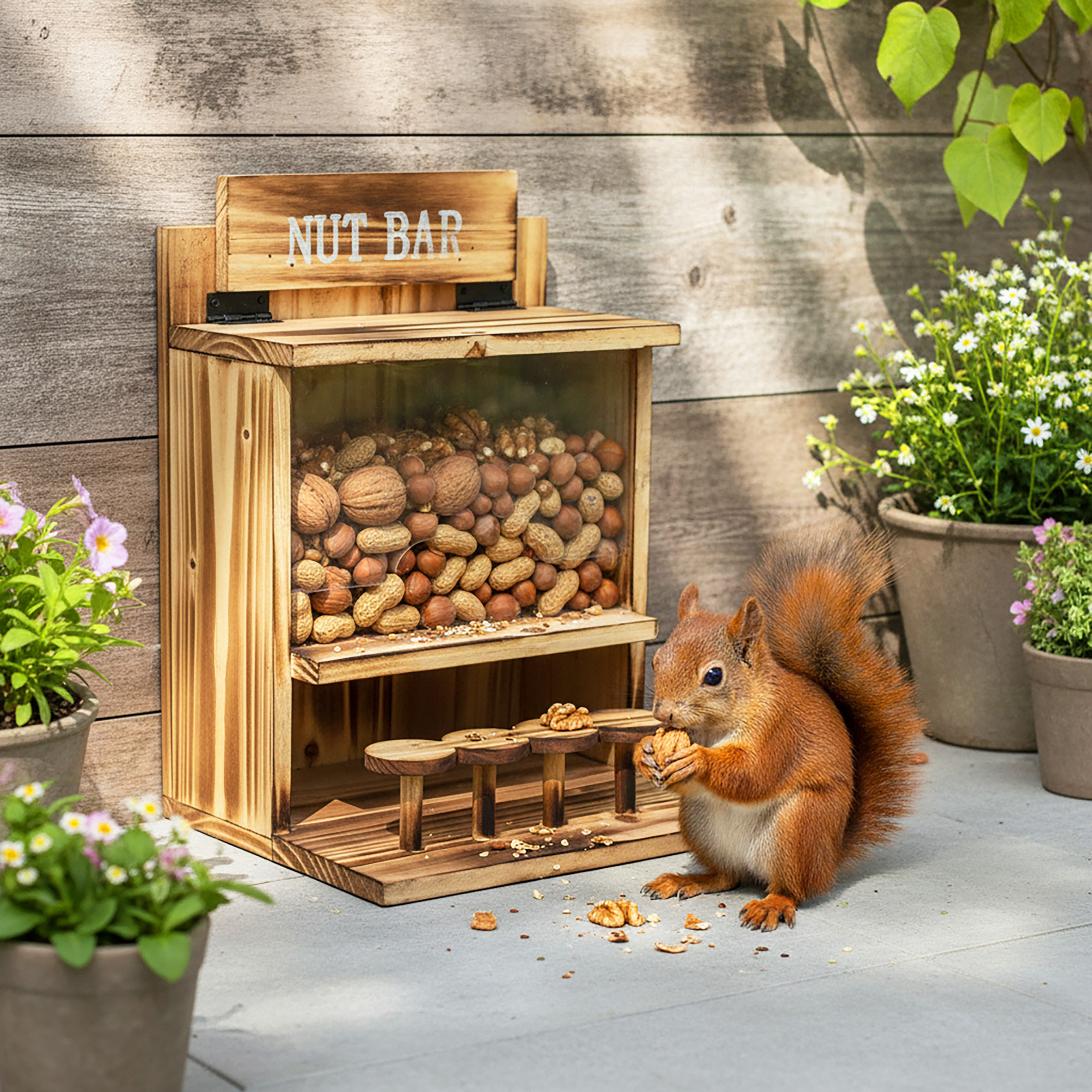 Eichhörnchen Futterstation NUT BAR aus Holz - 32 x 24 cm - Garten Deko Futterspender mit Klappdeckel