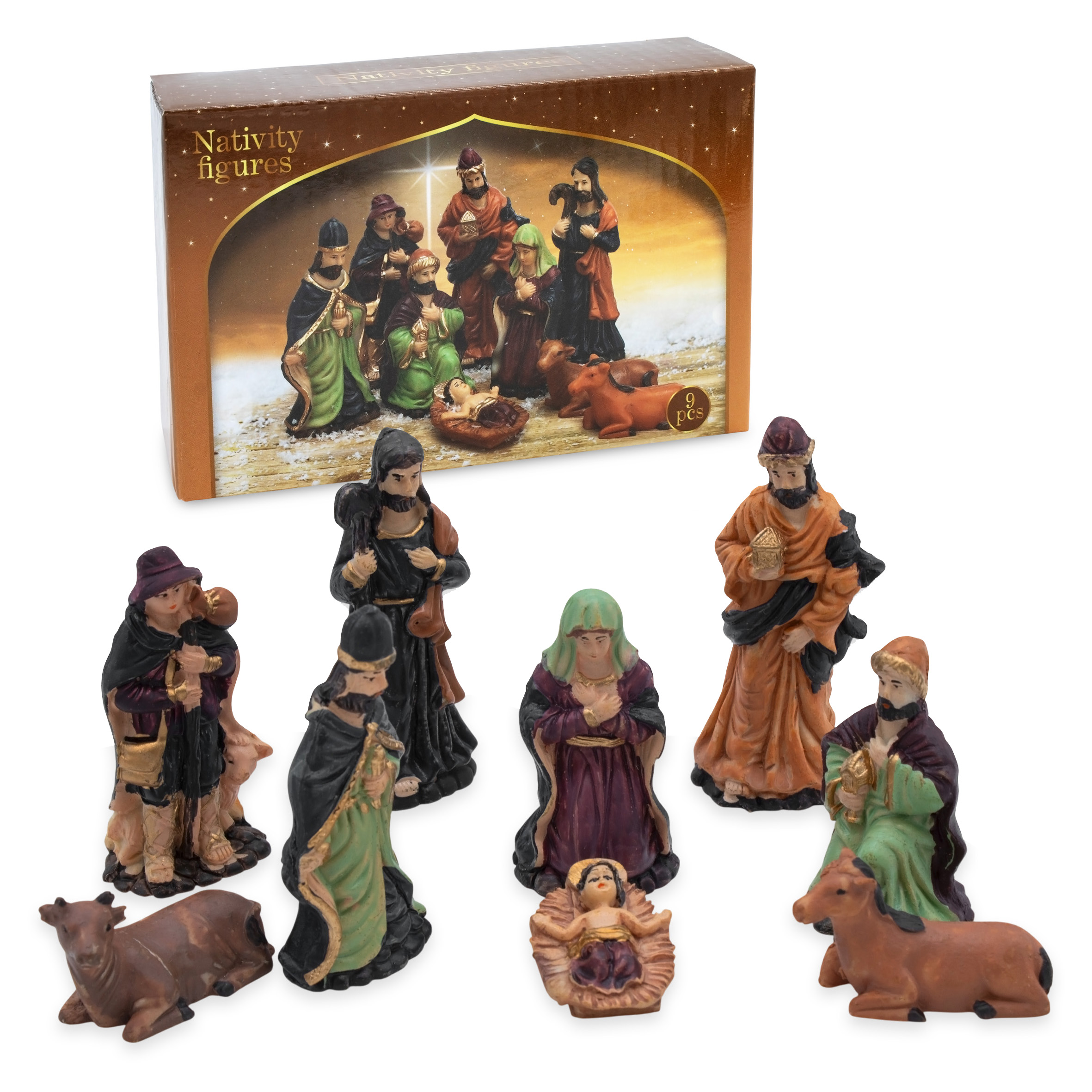 Weihnachtskrippe Figuren 9er Set - Größe L / 4,5 cm bis 11 cm - 9 detailgetreue Krippen Figuren