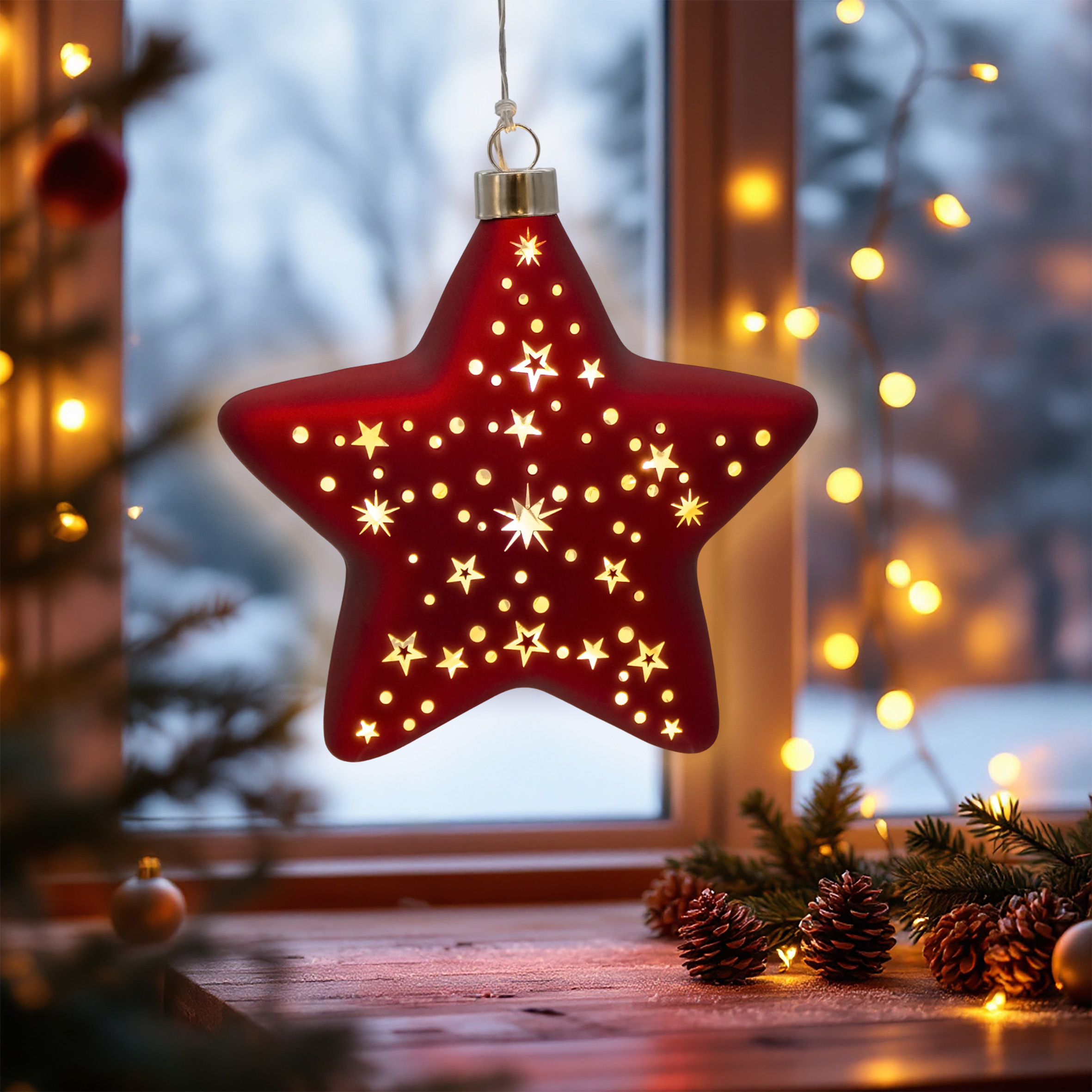 Glas Weihnachtsstern rot zum Hängen mit 10 LED beleuchtet - 15 cm - Deko Stern Leuchte warm weiß Batterie betrieben