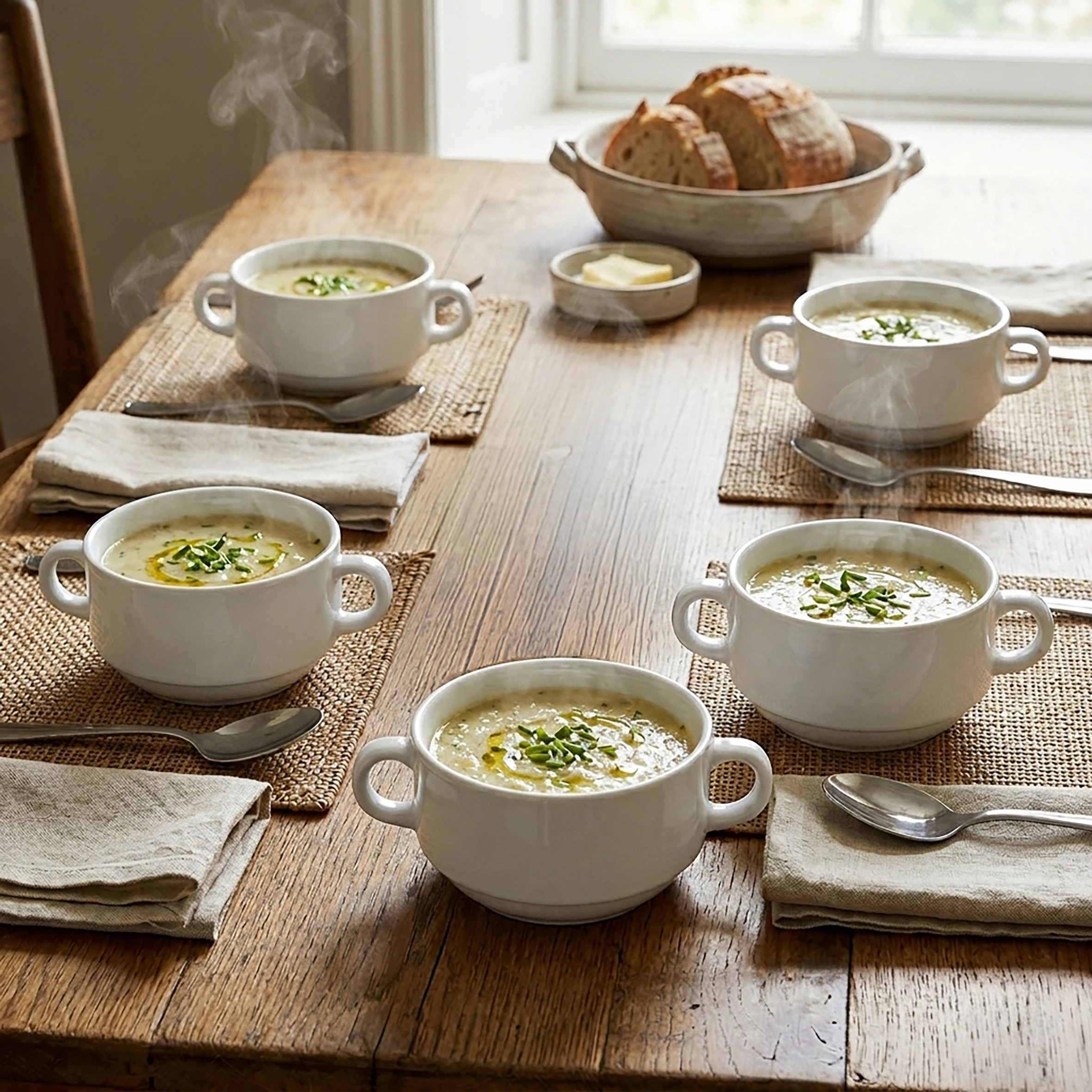 Feinkeramik Suppentasse 200 ml weiß mit Henkel - 6er Set - Keramik Suppenschale stapelbar für Suppe und Dessert