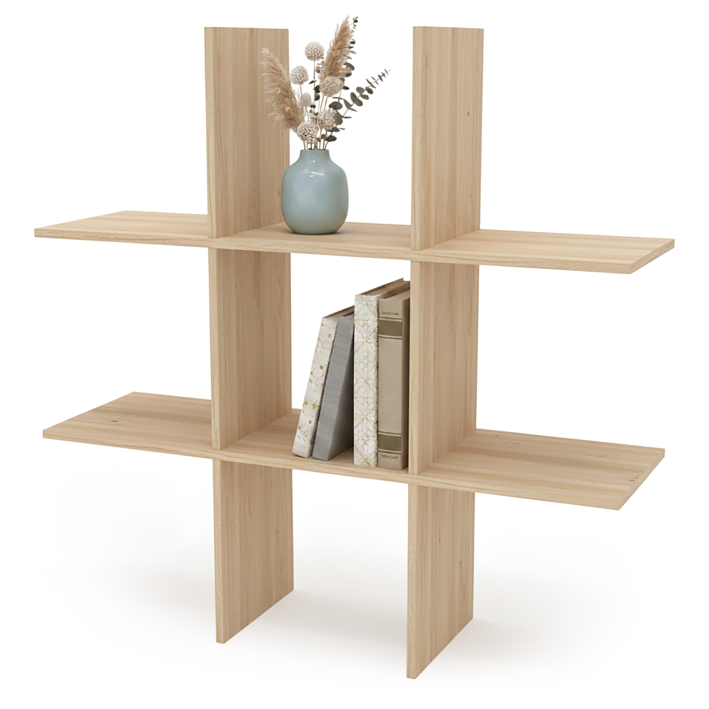 Holz Wandregal 55 x 55 cm schwebend mit 6 Fächern - natur - Schweberegal im Würfel Design mit Melamin Furnier