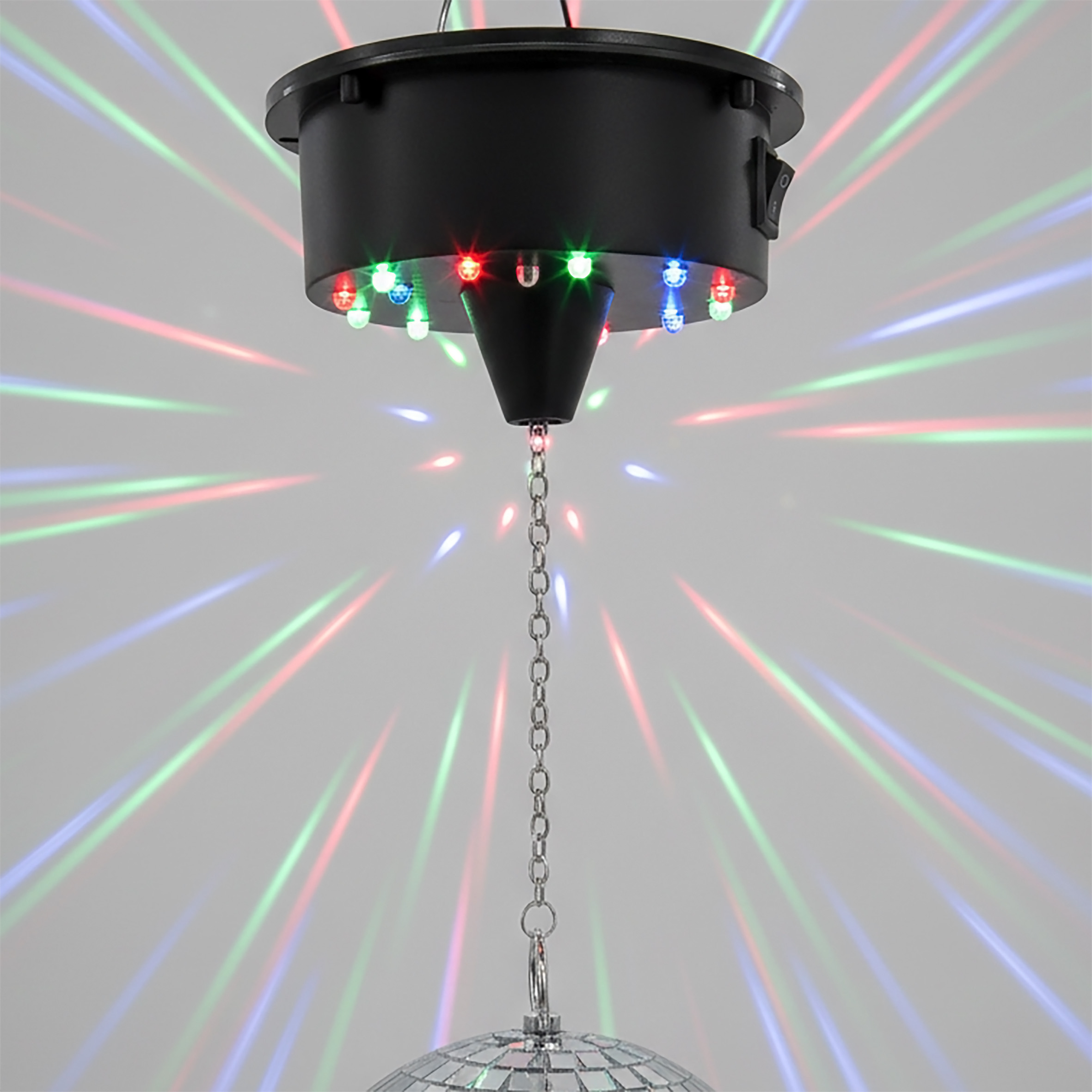 Discokugel mit Drehmotor batteriebetrieben und LED Beleuchtung in bunt - 15 cm - Spiegelkugel drehend mit Echtglas Facetten in silber