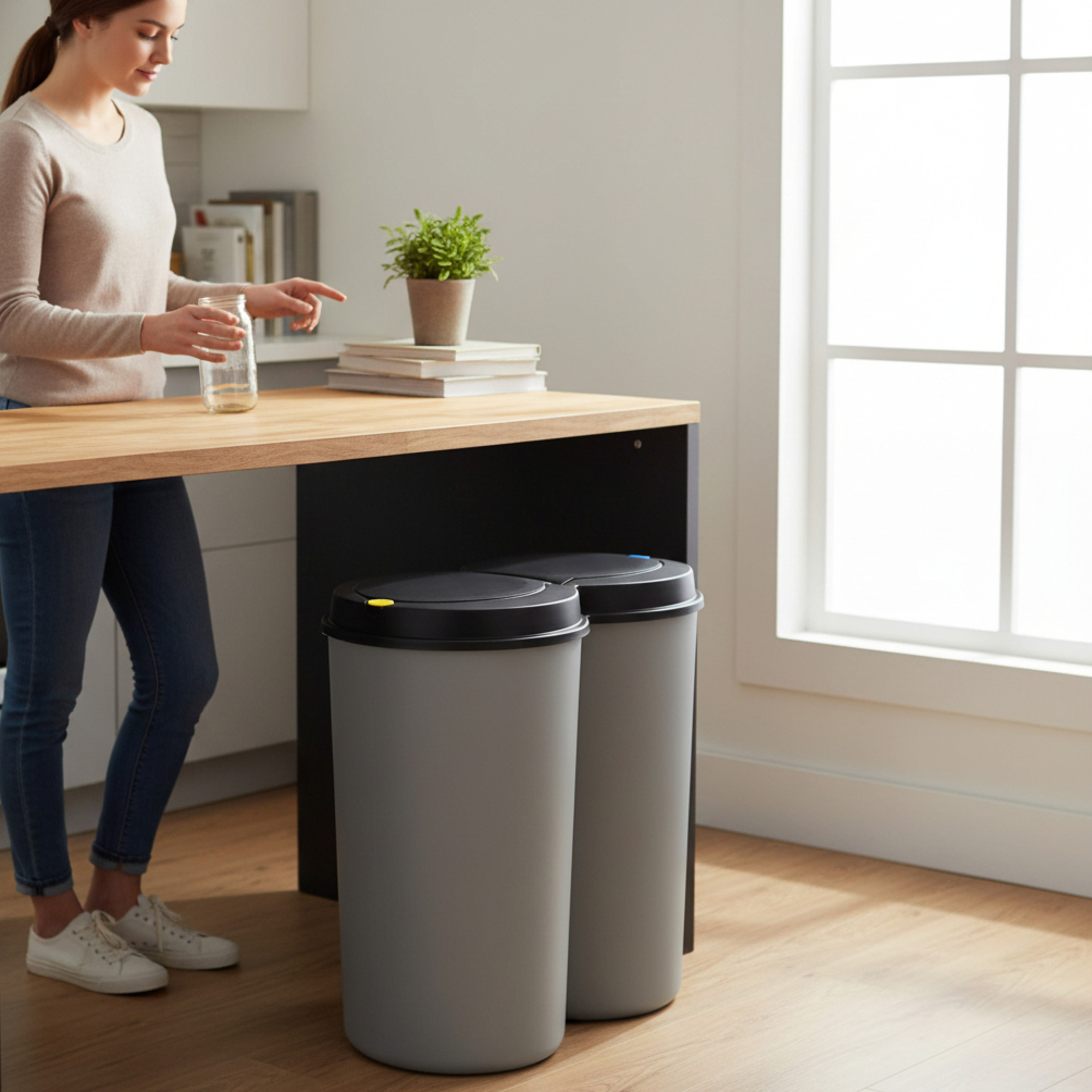Abfalleimer 2x25 Liter Duo Bin - Farbe: grau mit schwarzem Deckel