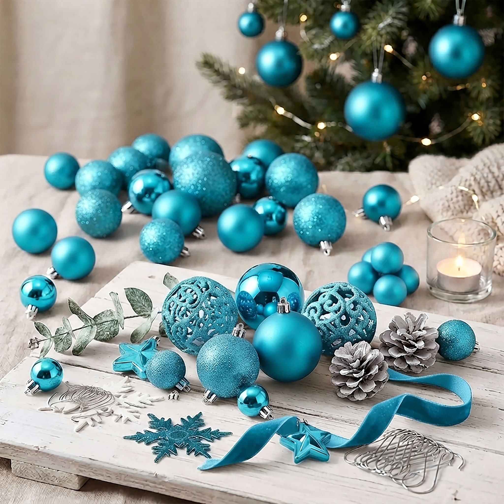 Kunststoff Christbaumkugel Set 111-teilig bruchsicher - türkis - Design Weihnachtskugeln inklusive Metall Haken