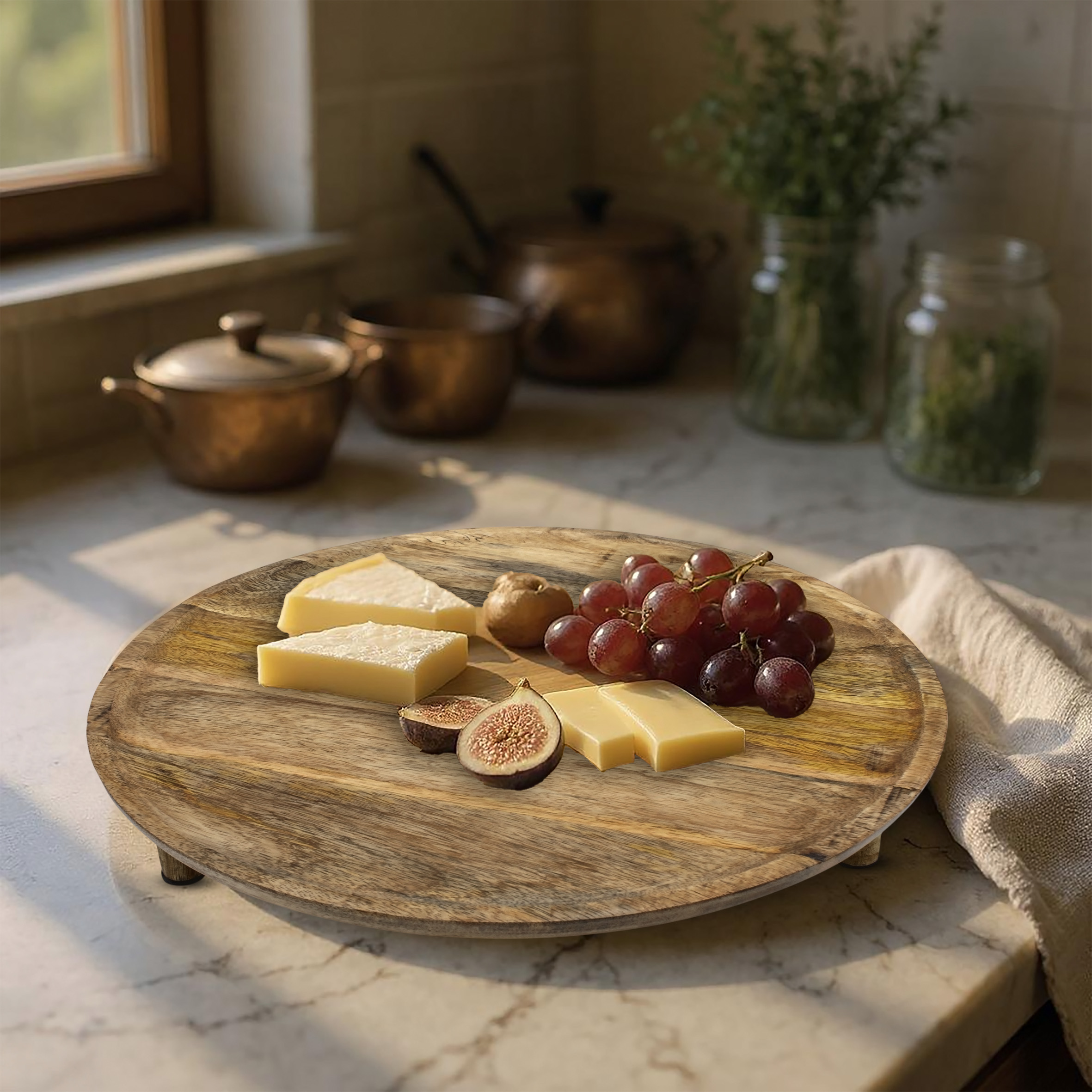 XL Mango Servierplatte rund auf Füßen - 38 cm - Massivholz Kerzenteller groß