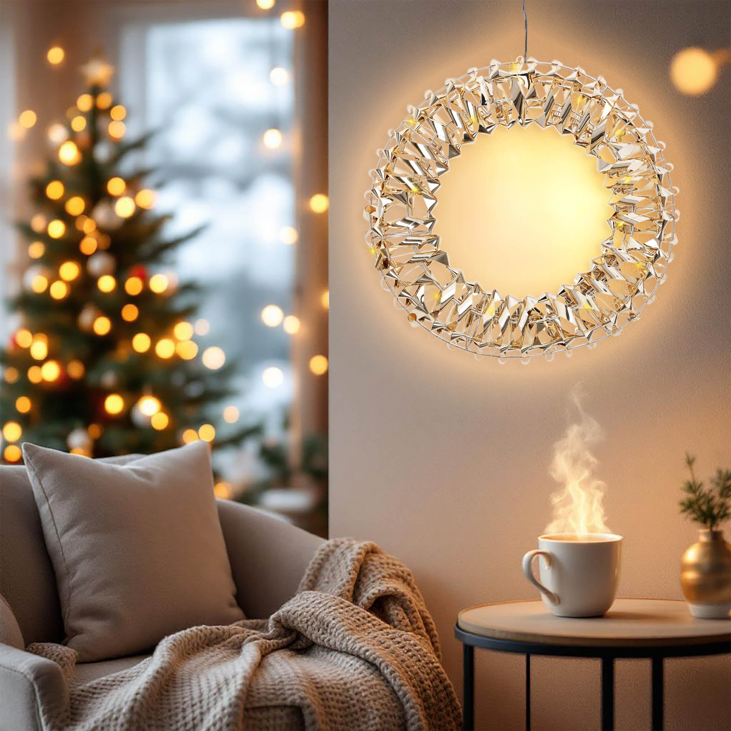 Goldener Ring mit 3D Effekt und Timer  - 30 cm - aus Metall mit LED Lichterkette umwickelt Batterie betrieben