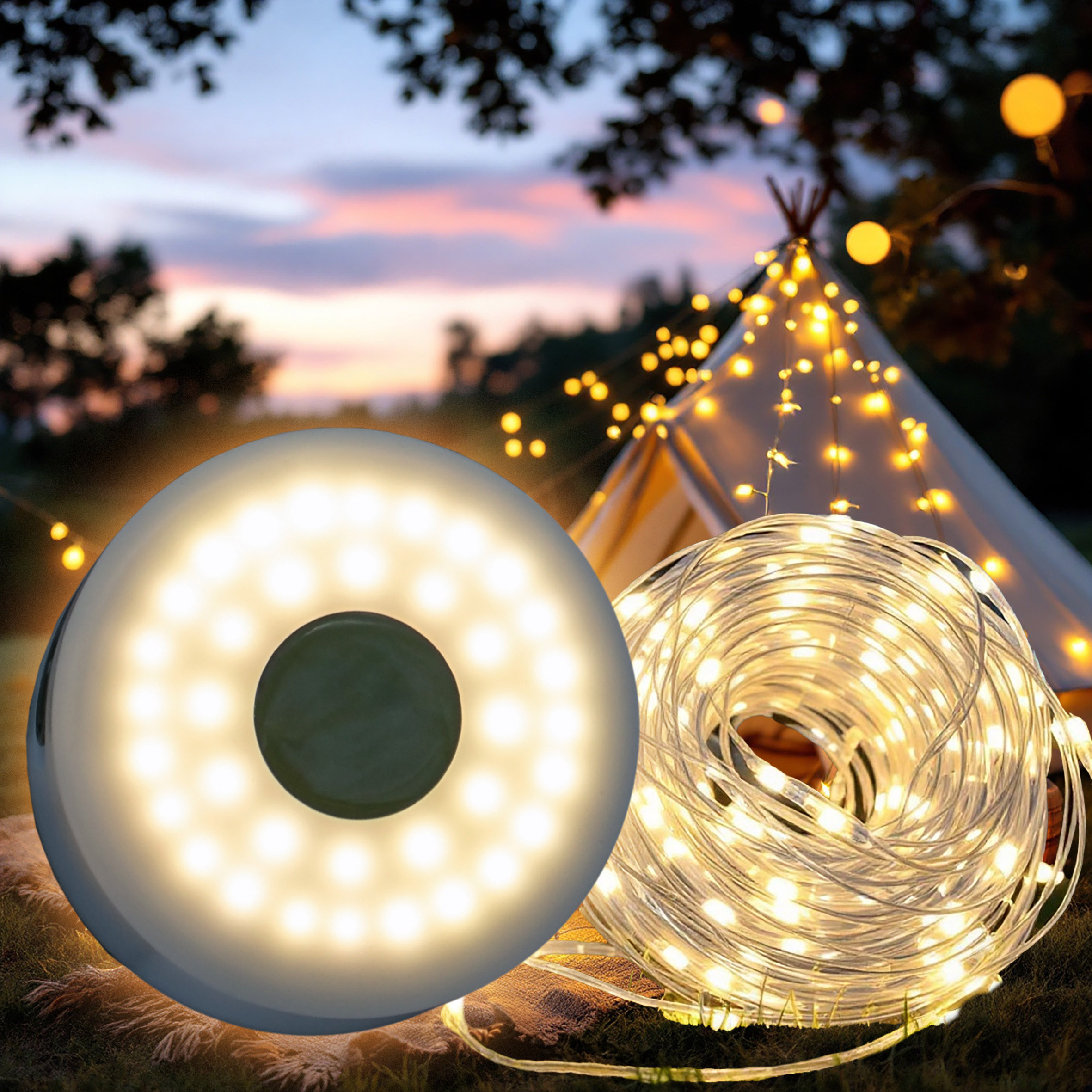 Campinglichterkette 2in1 aufrollbar USB aufladbar - 10 m / 136 LED
