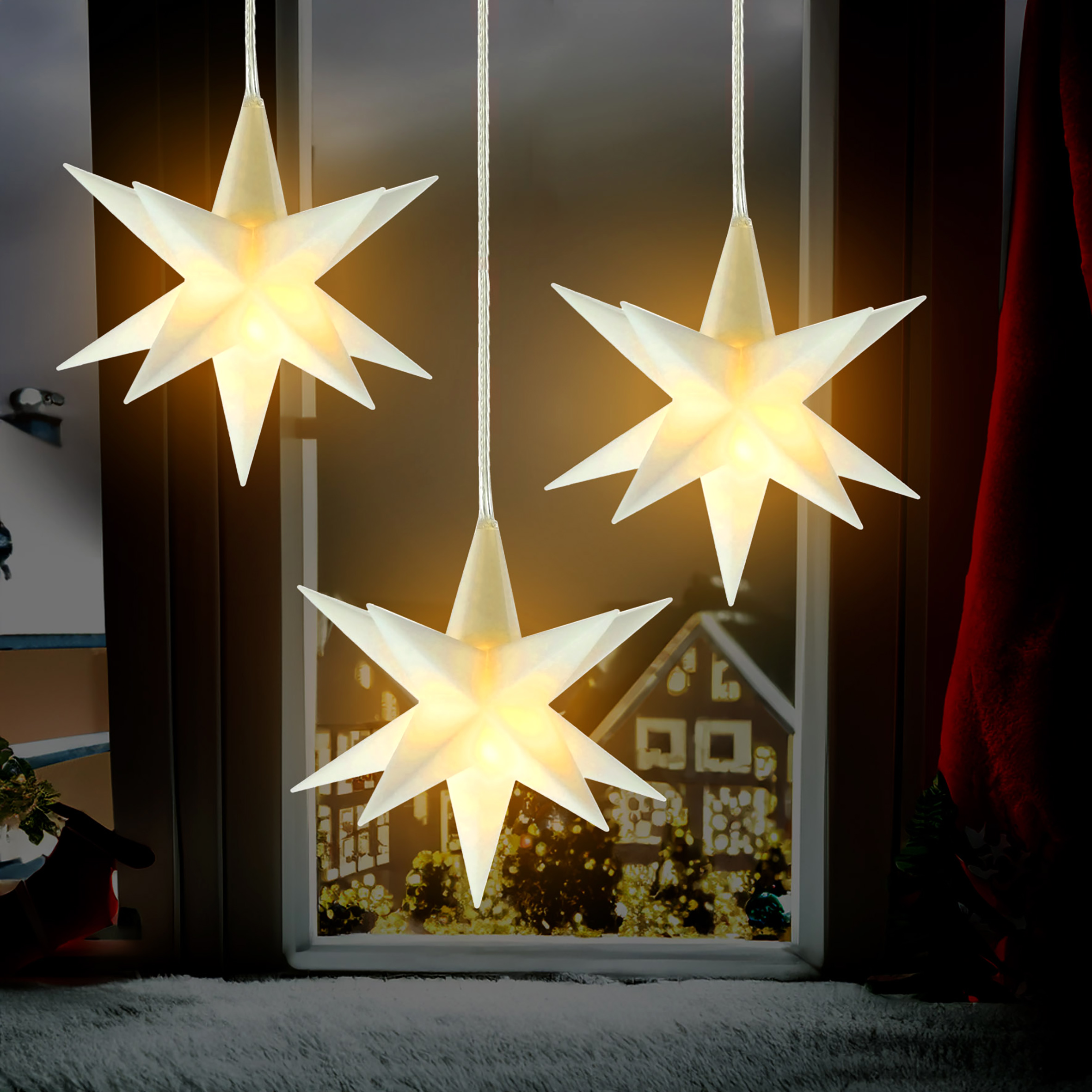 3D Weihnachtsstern 12 cm warm weiß Beleuchtet - weiß oder rot / 1 oder 3 Stück - LED Fenster Deko Leuchtstern mit Timer Batterie betrieben