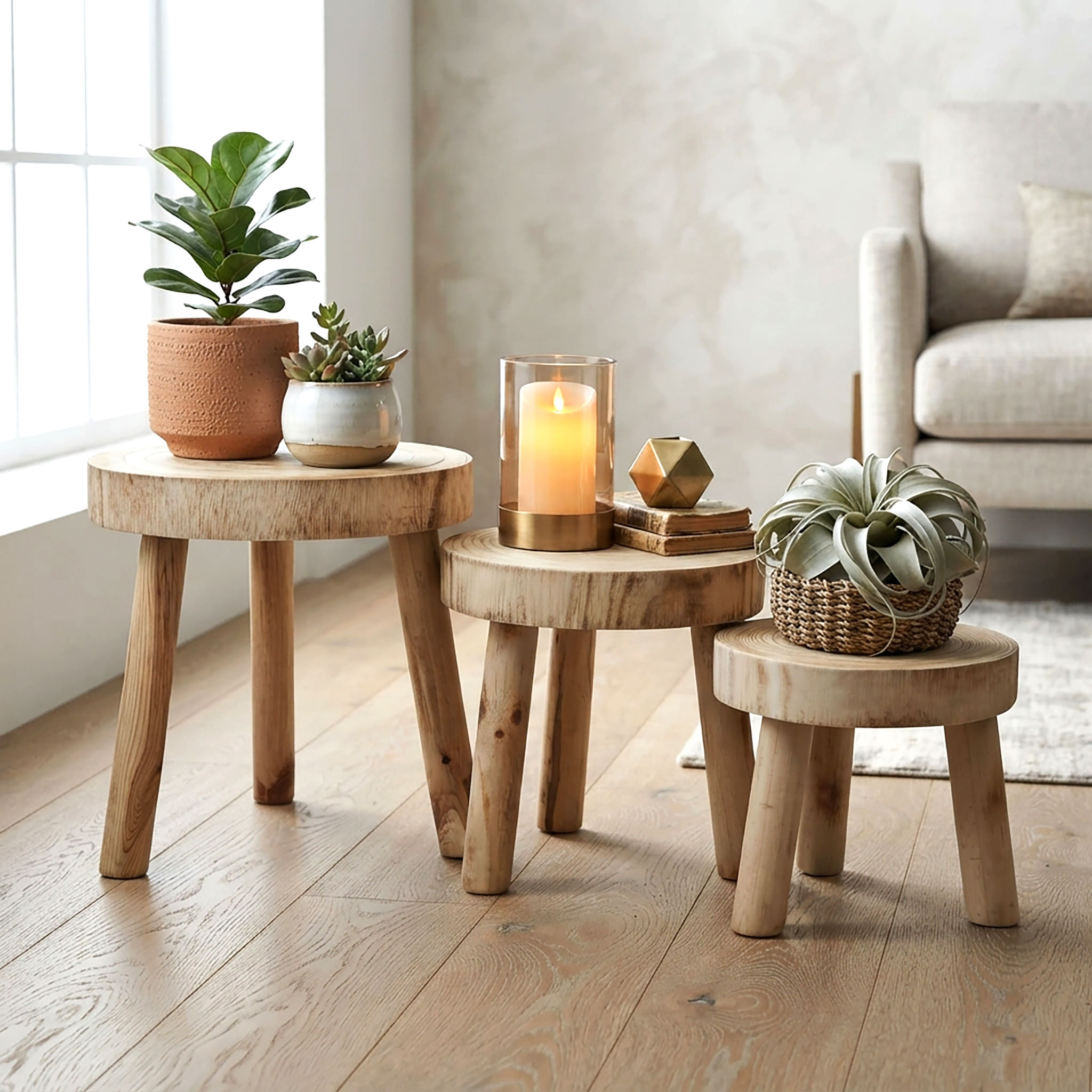 Holz Blumenhocker mit 3 Beinen braun 3er Set  - 32 / 26 / 22 cm - Massivholz Deko Pflanzenständer rund