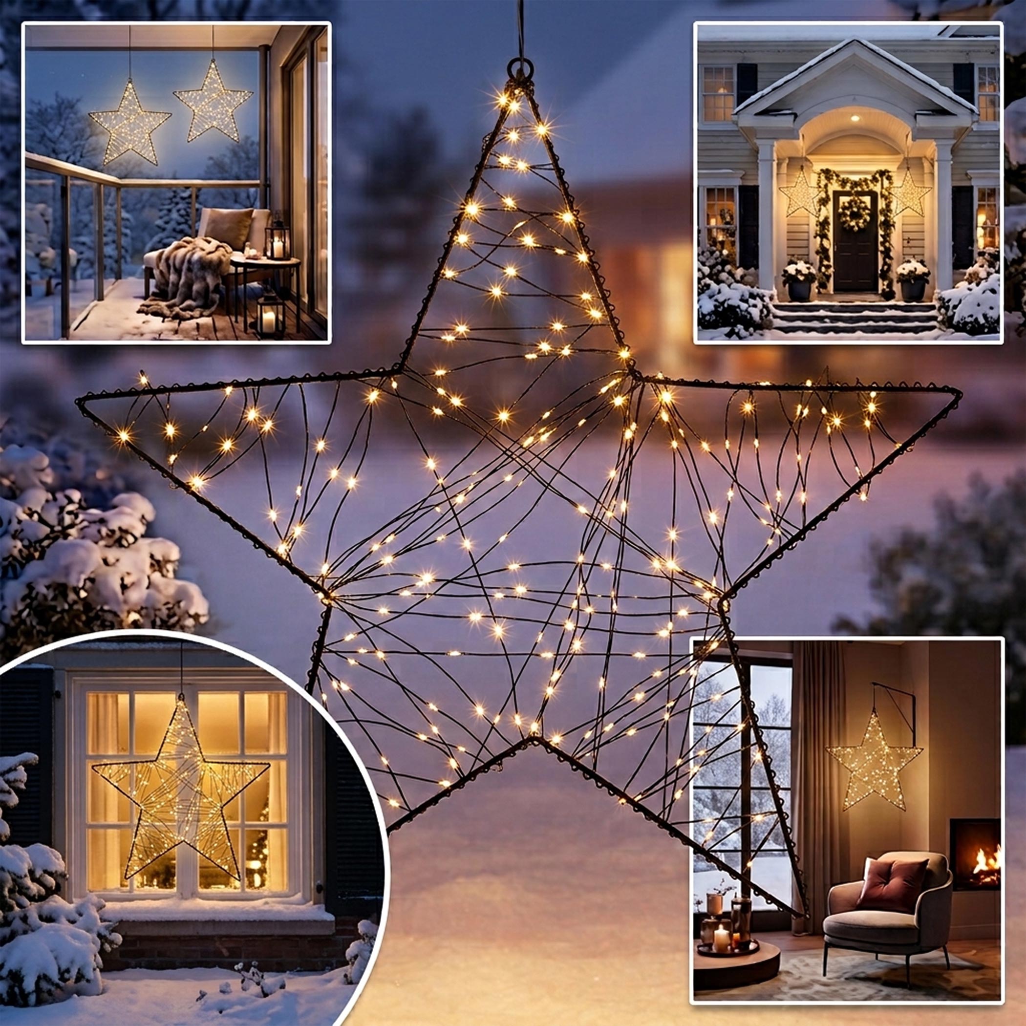 Metall Leuchtstern schwarz mit Twinkle Effekt dimmbar für Außen mit Timer - 30 cm - Stern Silhouette mit funkelnden 200 LEDs in warm weiß mit Netzteil