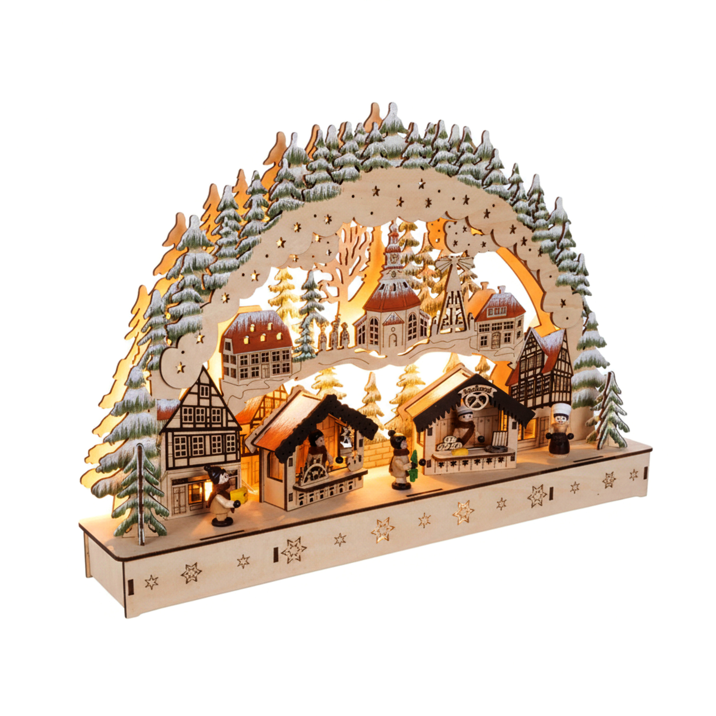 LED Holz Schwibbogen 44 x 30 cm - Motiv: Wintermarkt - Deko Lichterbogen mit Weihnachtsmotiv