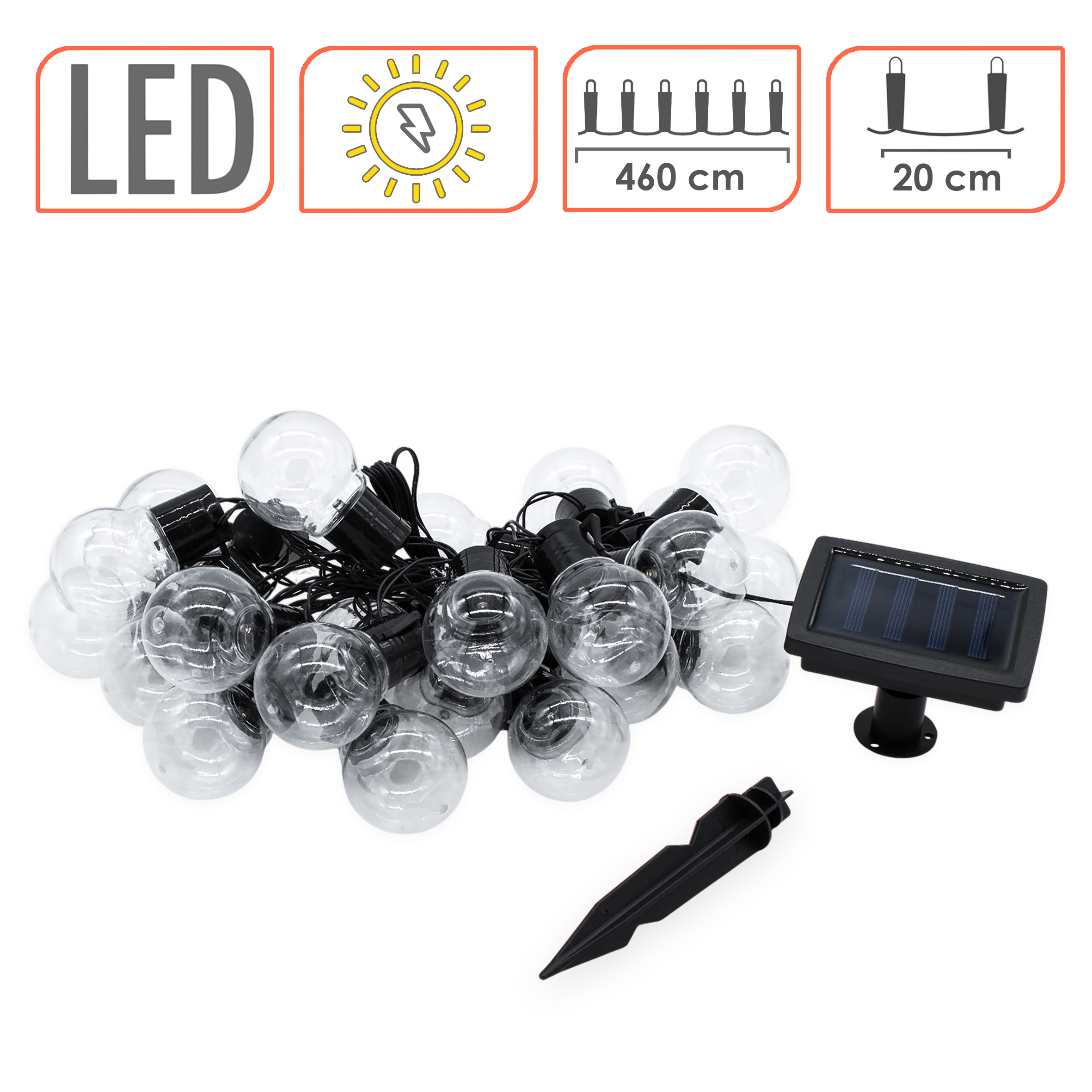 LED Solar Lichterkette mit 24 Glühbirnen - 460 cm - Garten Beleuchtung mit transparenten Kugel Lampen