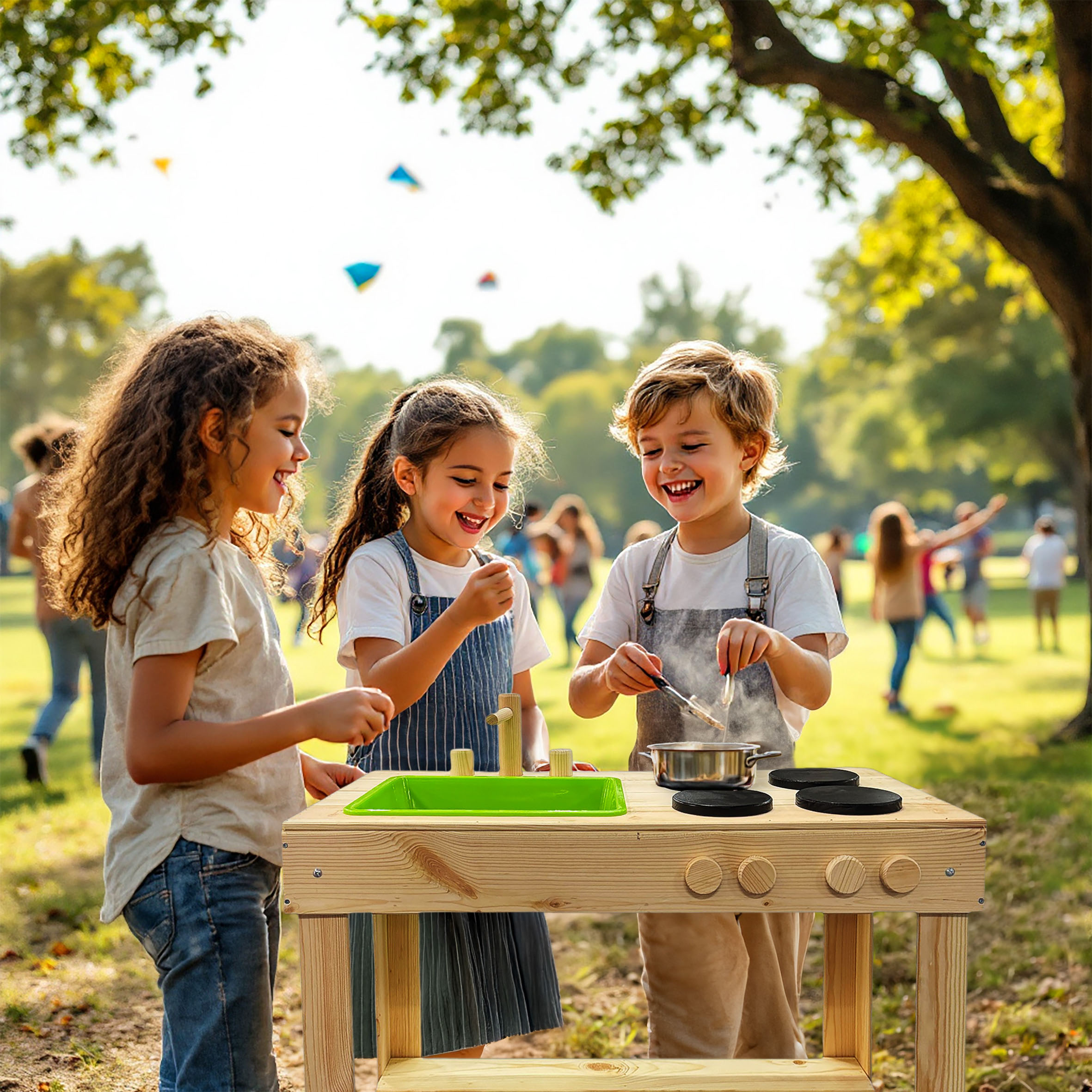 Holz Spielzeug Matschküche für Kinder - 72 cm - Spielküche mit Waschbecken und Herdplatten