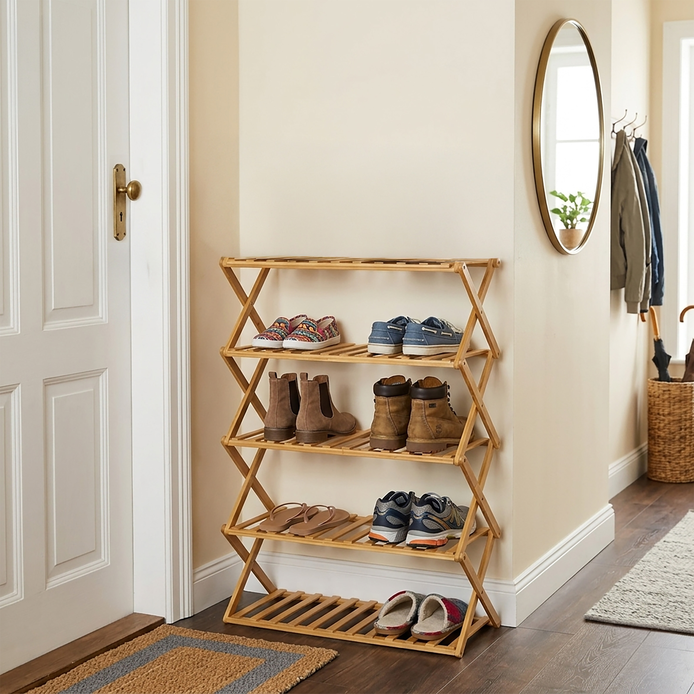 Klappbares Bambus Schuhregal mit 5 Ablagen - 87 x 68 cm - platzsparendes Aufbewahrungsregal für Schuhe